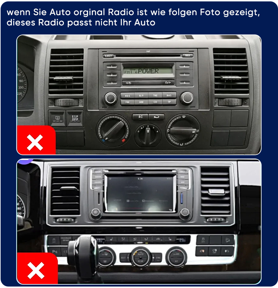 Oben: Altes Autoradio mit Knöpfen. Unten: Modernes Autoradio mit Bildschirm.