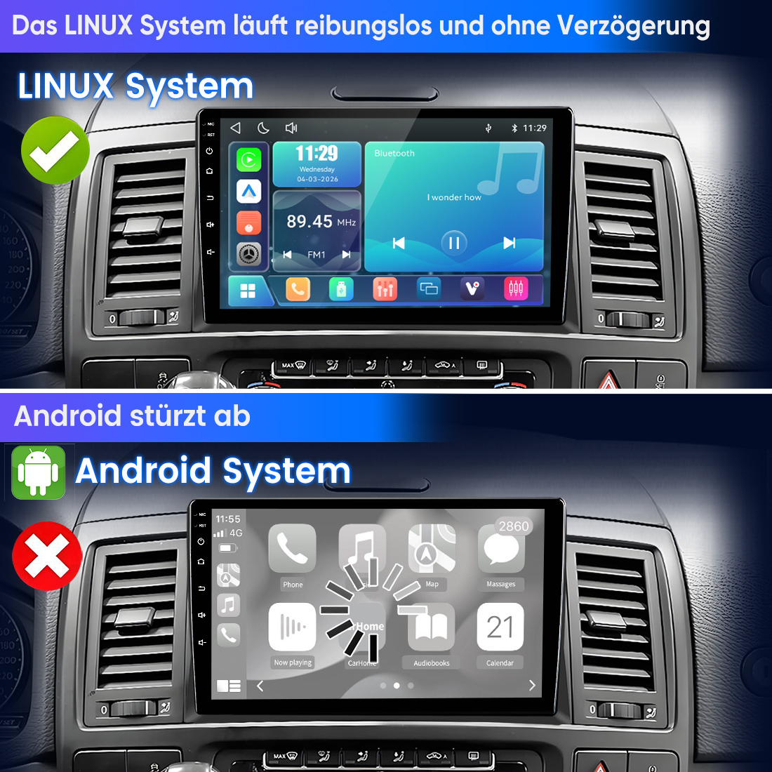 Oben: Linux-System mit grüner Markierung. Unten: Android-System mit rotem Kreuz.