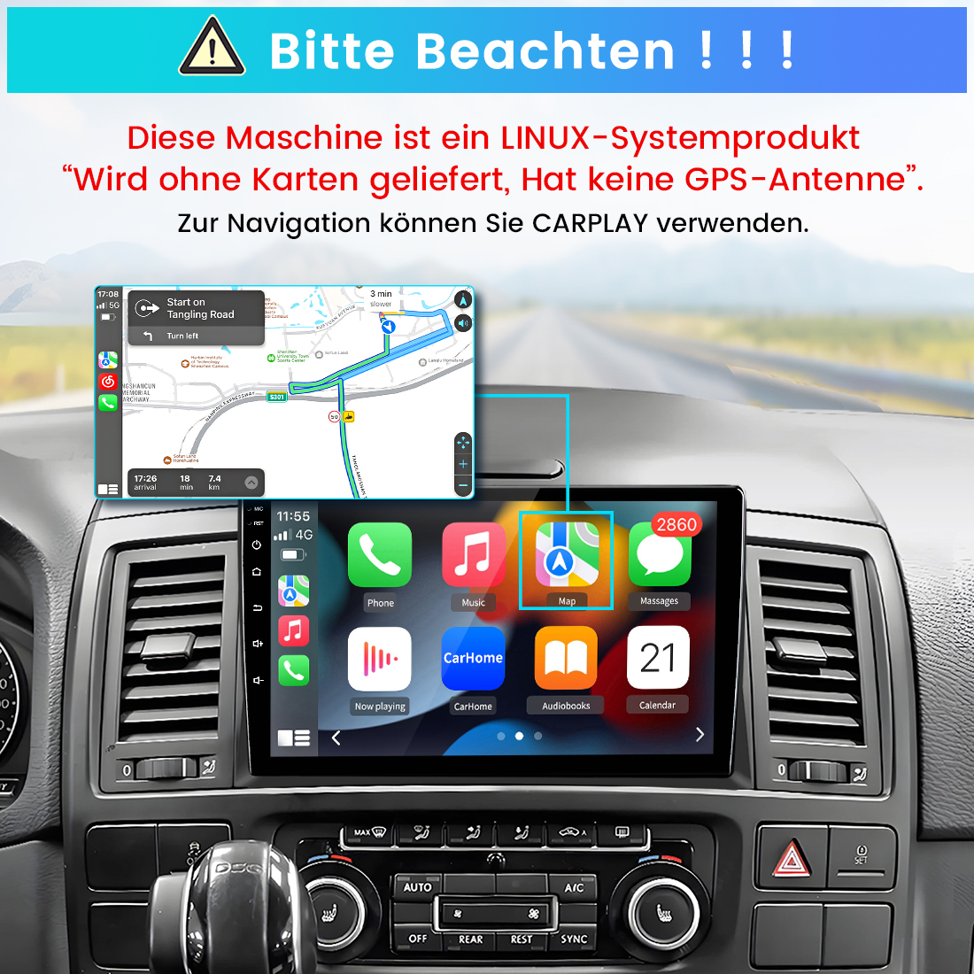 Autoinnenraum mit Touchscreen, zeigt Navigations- und App-Bildschirme.