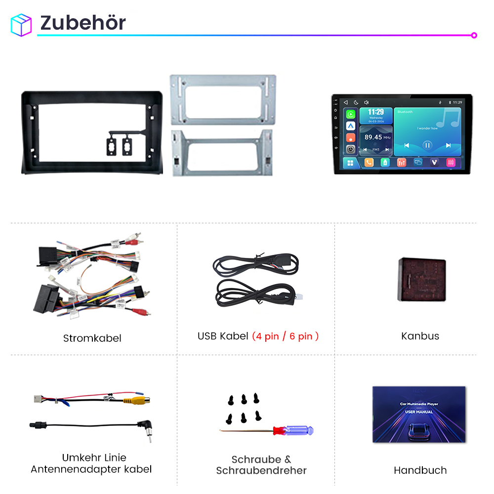 Zubehör für Autoradios: Einbaurahmen, Radio, Kabel, Schrauben und Handbuch.