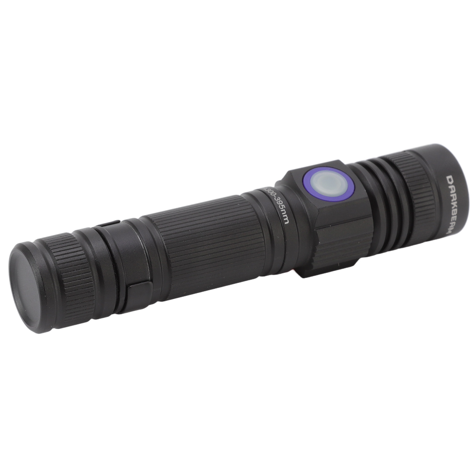 Schwarze Taschenlampe mit gerilltem Griff und blau-violetter Taste.