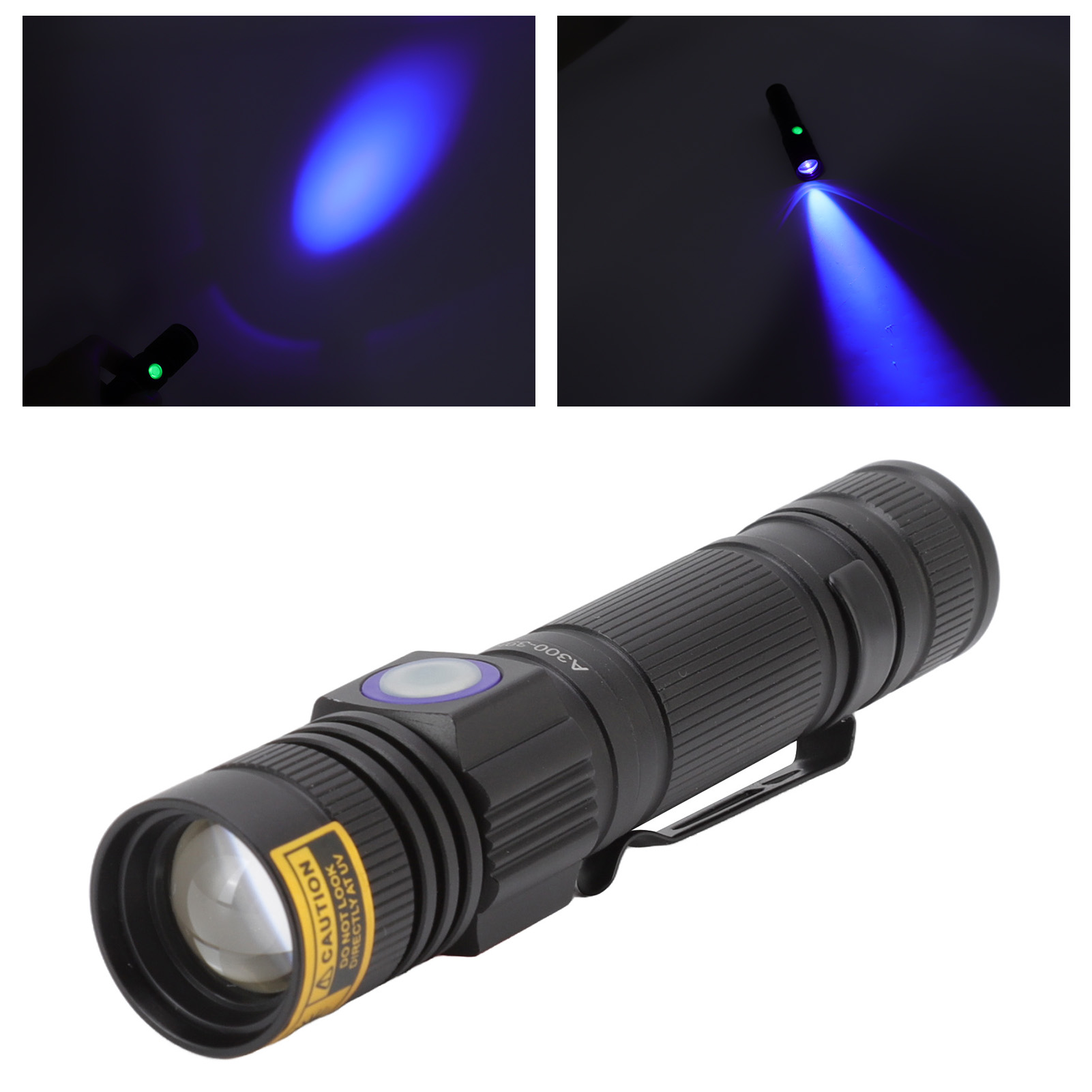 Schwarze Taschenlampe leuchtet blaues UV-Licht, mit Clip und gelbem Warnhinweis.