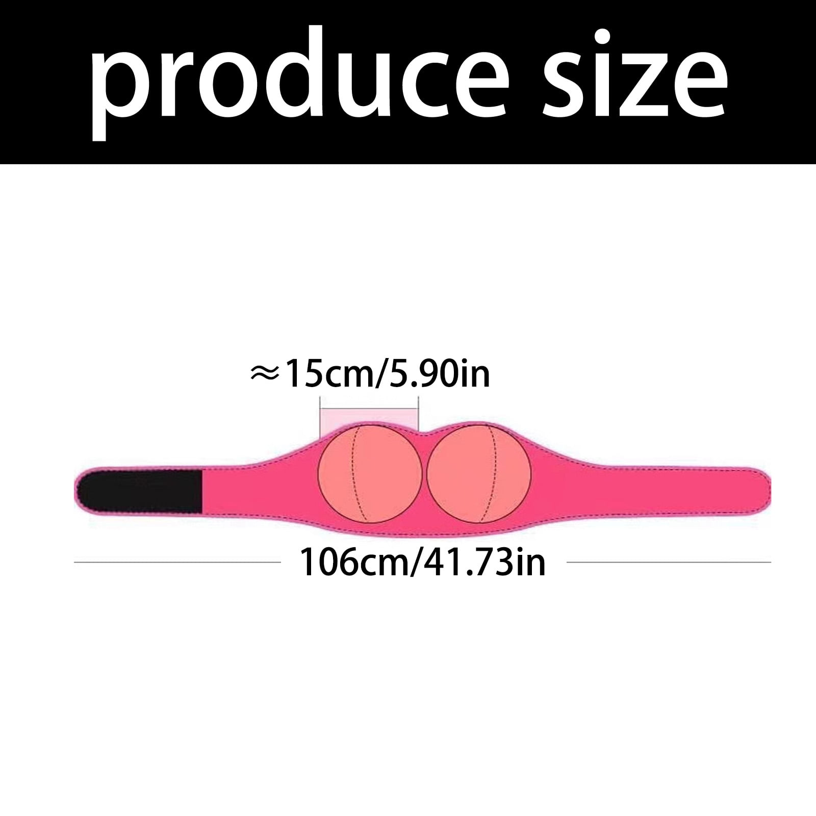 Eine rosa Bandage mit zwei runden Polstern und Maßangaben 15cm/5.90in und 106cm/41.73in.