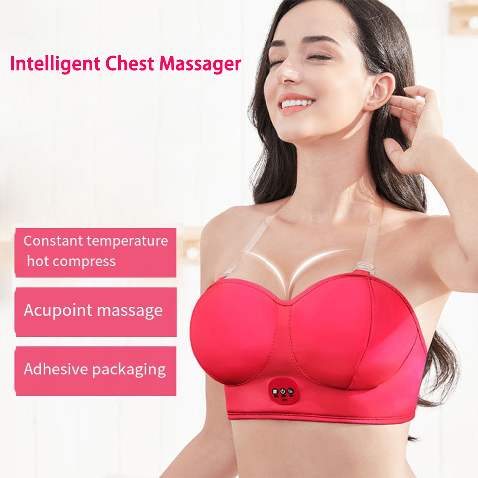 Frau mit rotem Brustmassagerät, das konstante Temperatur und Akupunkturmassage bietet.