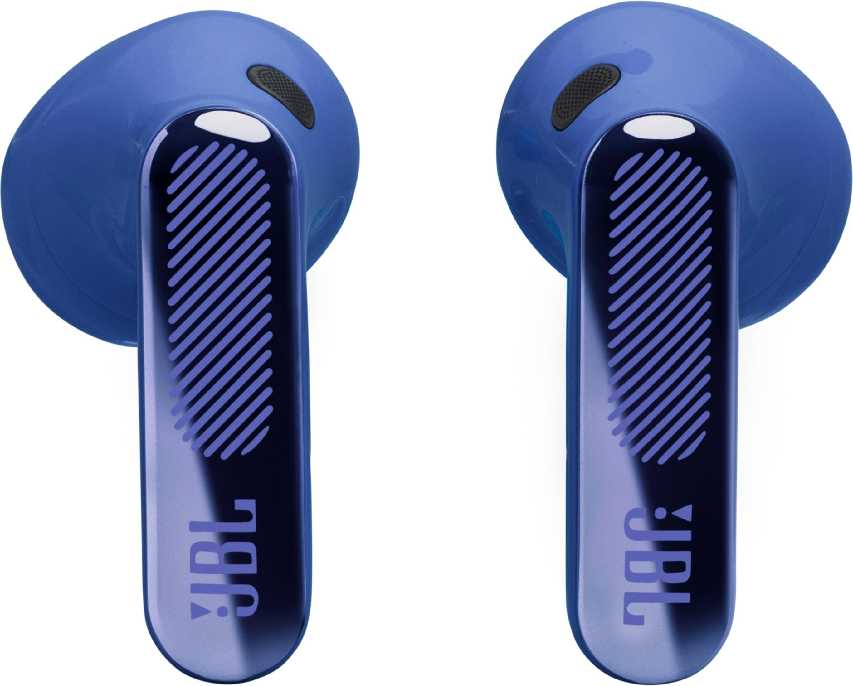 Due auricolari JBL blu con strisce viola e logo su sfondo bianco.