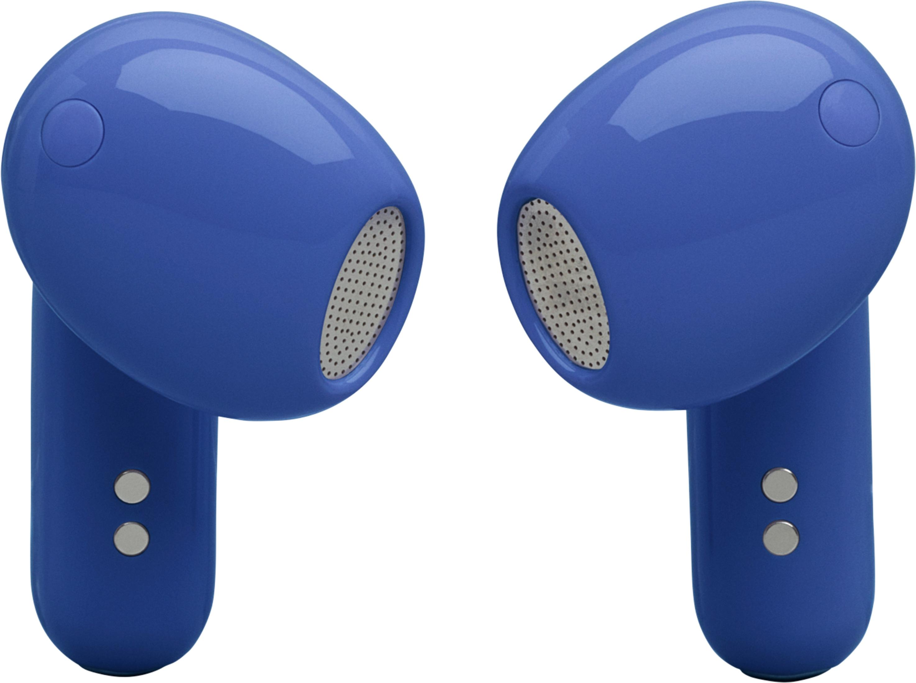 Due auricolari blu con accenti argentati su sfondo bianco.