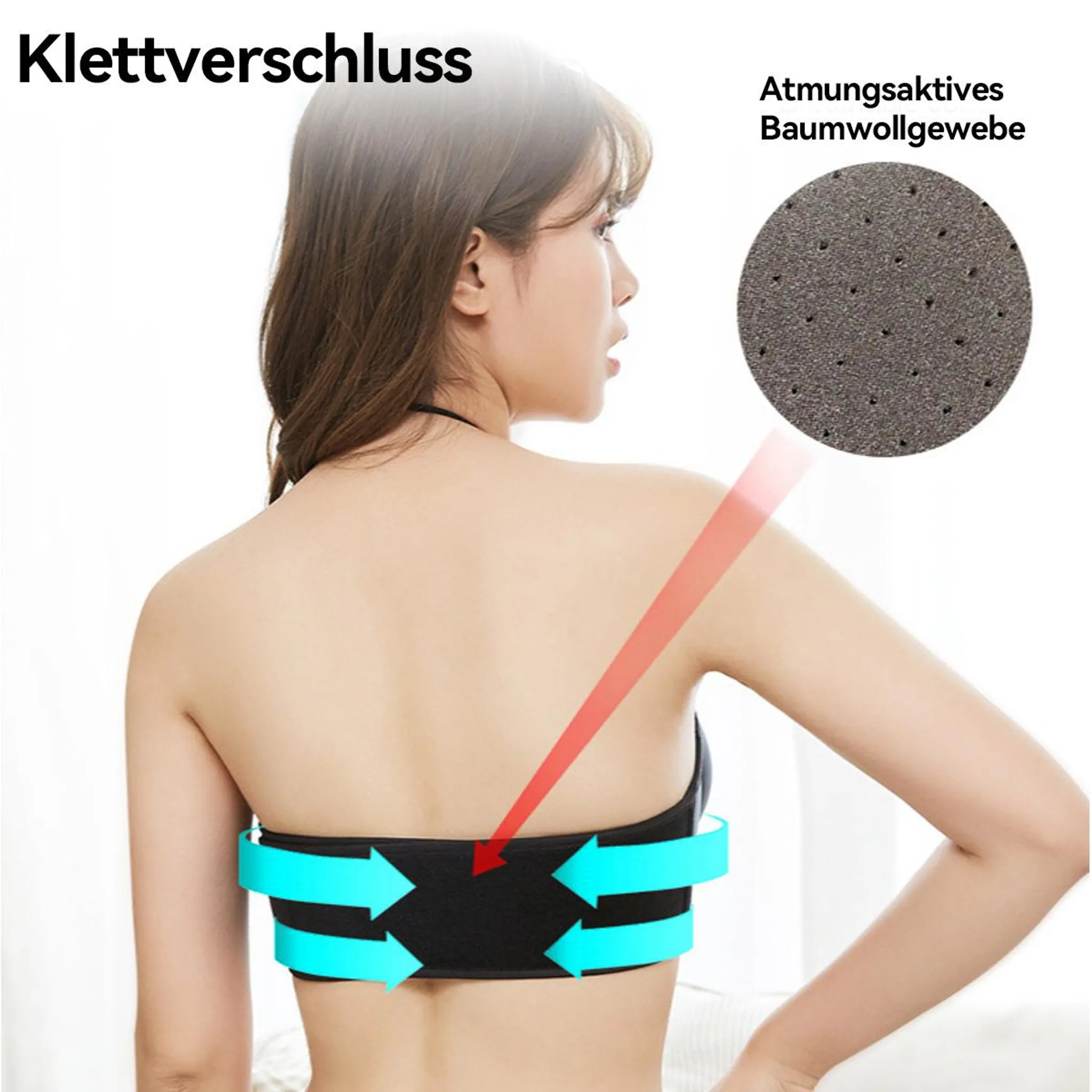 Frau mit einem schwarzen Band am Rücken, das mit blauen Pfeilen und rotem Laser hervorgehoben ist.