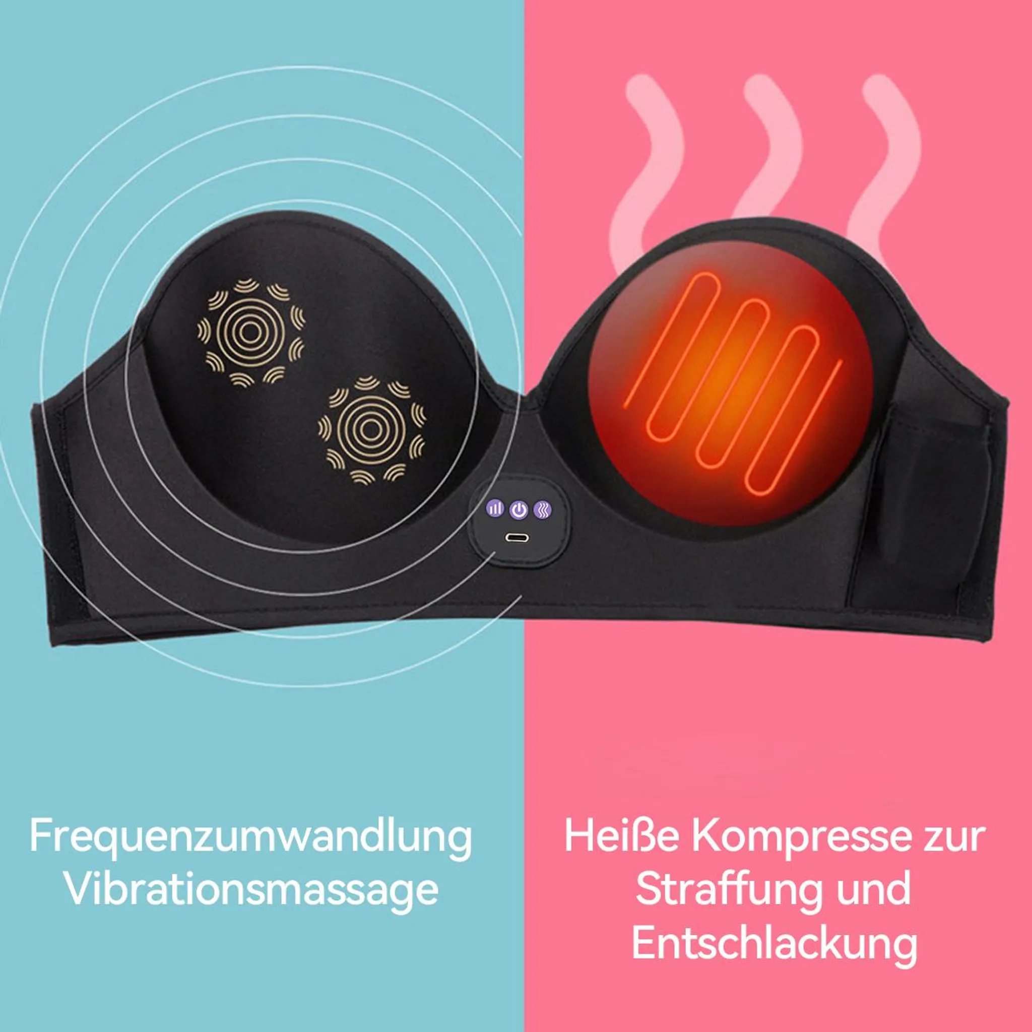 Schwarzer BH mit Vibrationsmassage- und Heizfunktion, geteilt in Blau und Rosa.