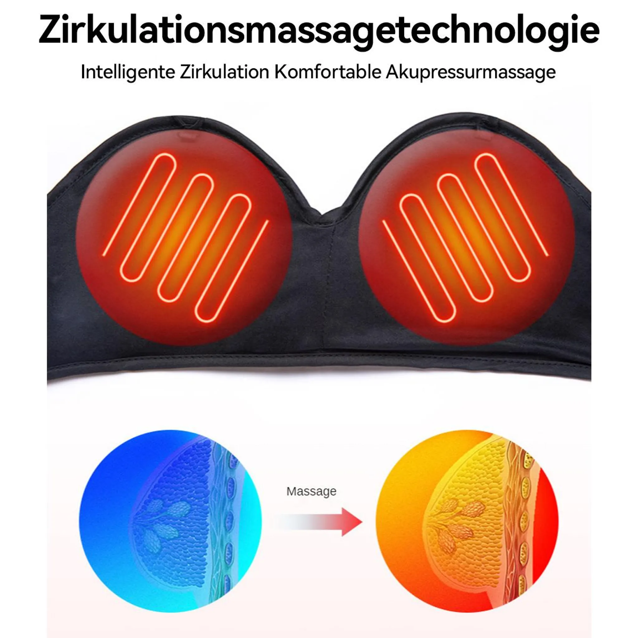 Massagegerät mit Heizfunktion und zwei roten Kreisen mit glühenden Linien.