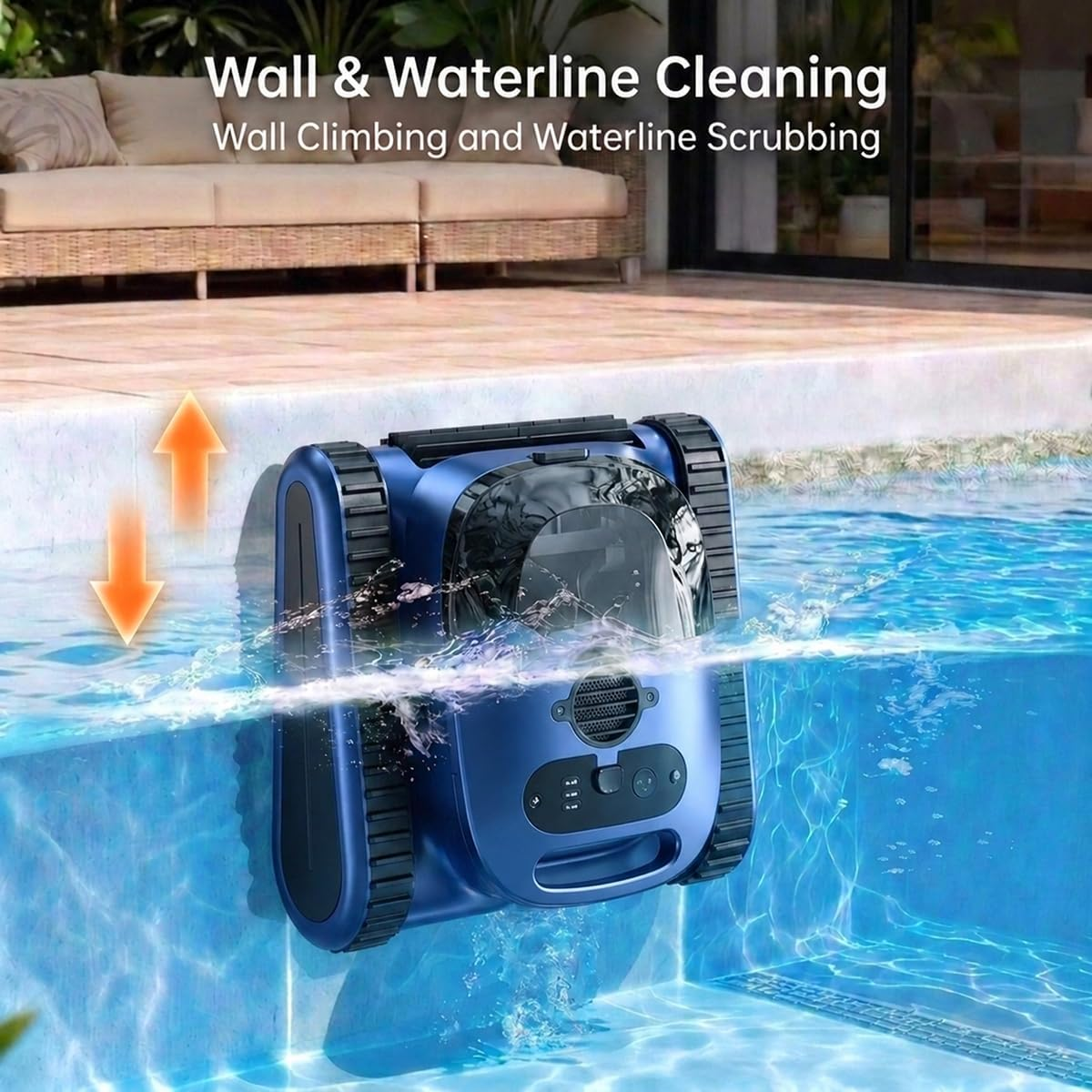 Ein blauer Poolroboter reinigt die Poolwand und die Wasserlinie.
