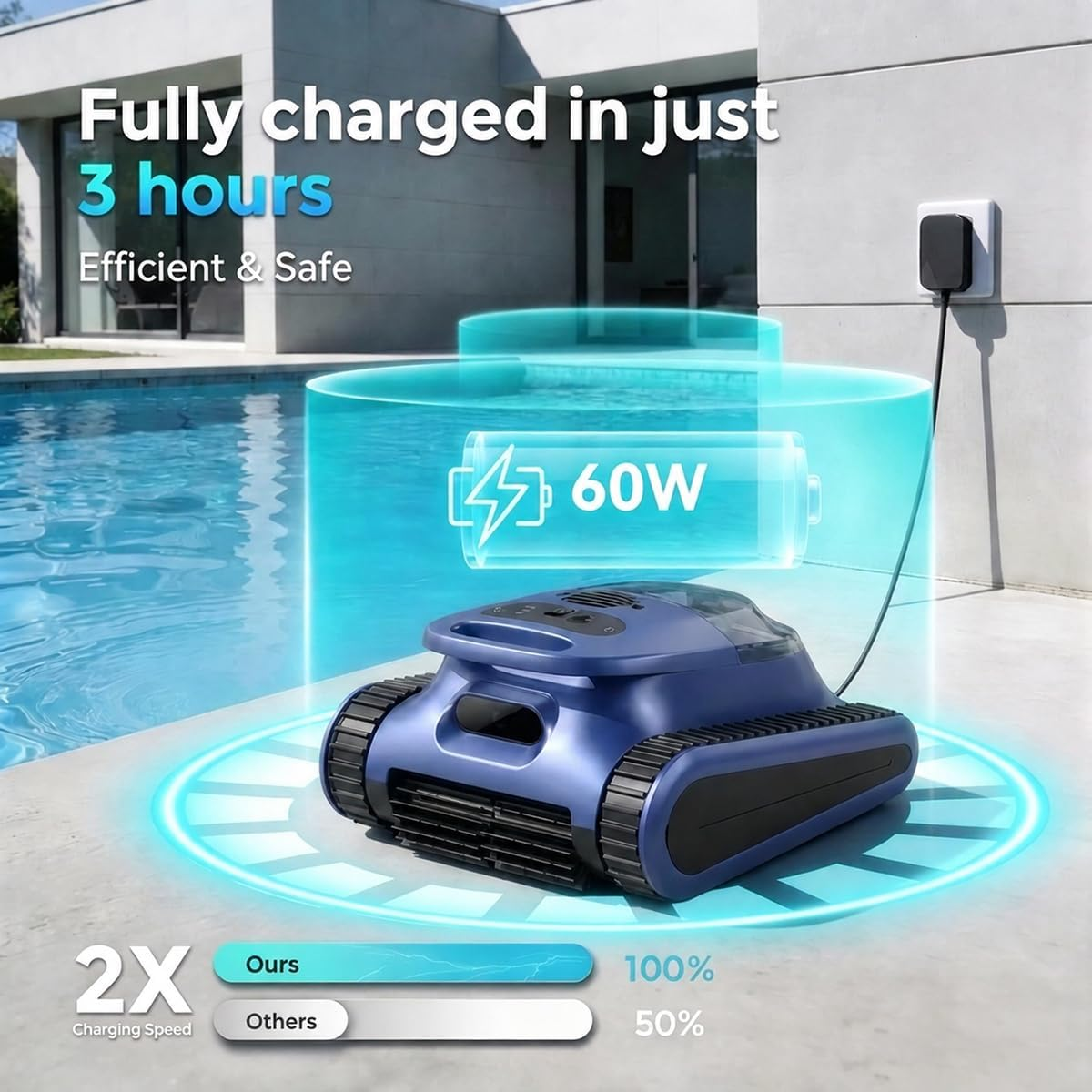 Ein blauer Poolreiniger mit Ketten wird am Poolrand geladen. 60W.