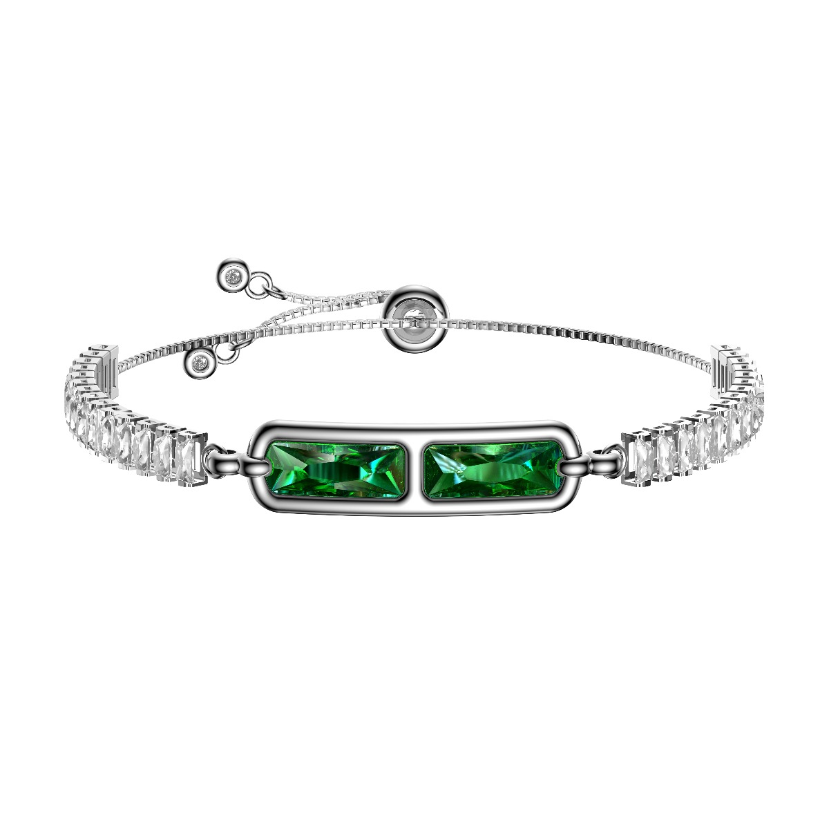 Ein Silberarmband mit Baguetteschliff-Steinen in Klar und Grün auf Weiß.