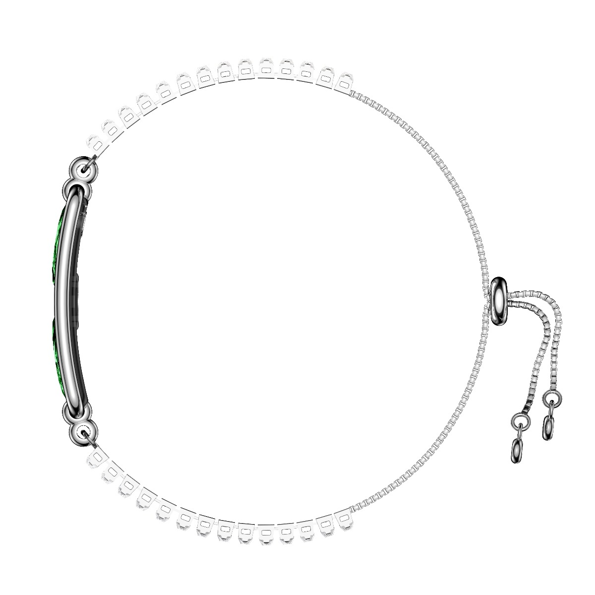 Silberne Kette mit grünen Steinen und verstellbarem Verschluss. Weißer Hintergrund.