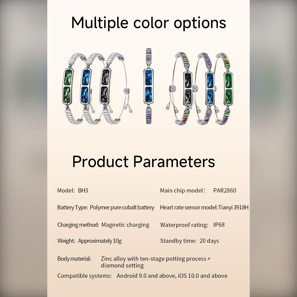 Mehrere Farboptionen: Armbänder mit grünen, blauen, schwarzen und bunten Steinen.