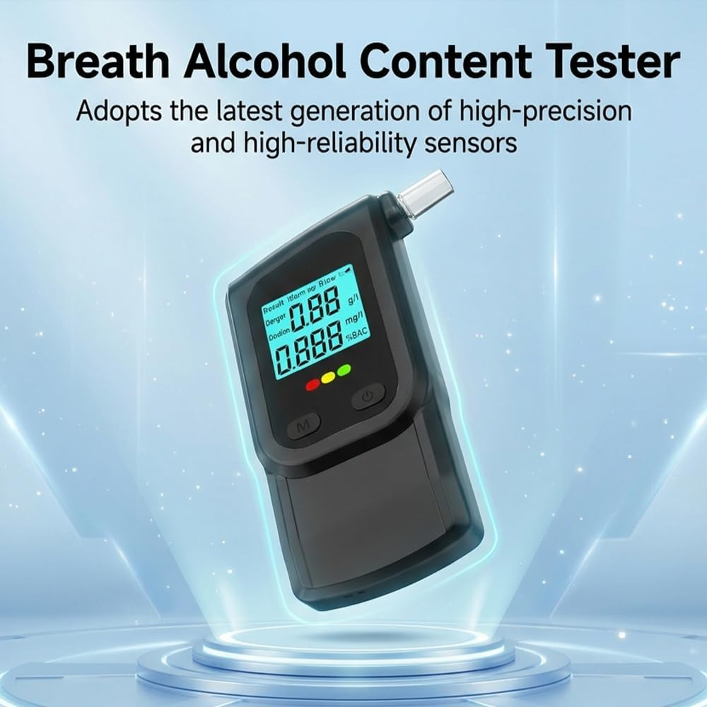 Digitaler Alkoholtester zeigt 0,88 g/l und 0,888 %BAC. Rote, gelbe, grüne Lichter.