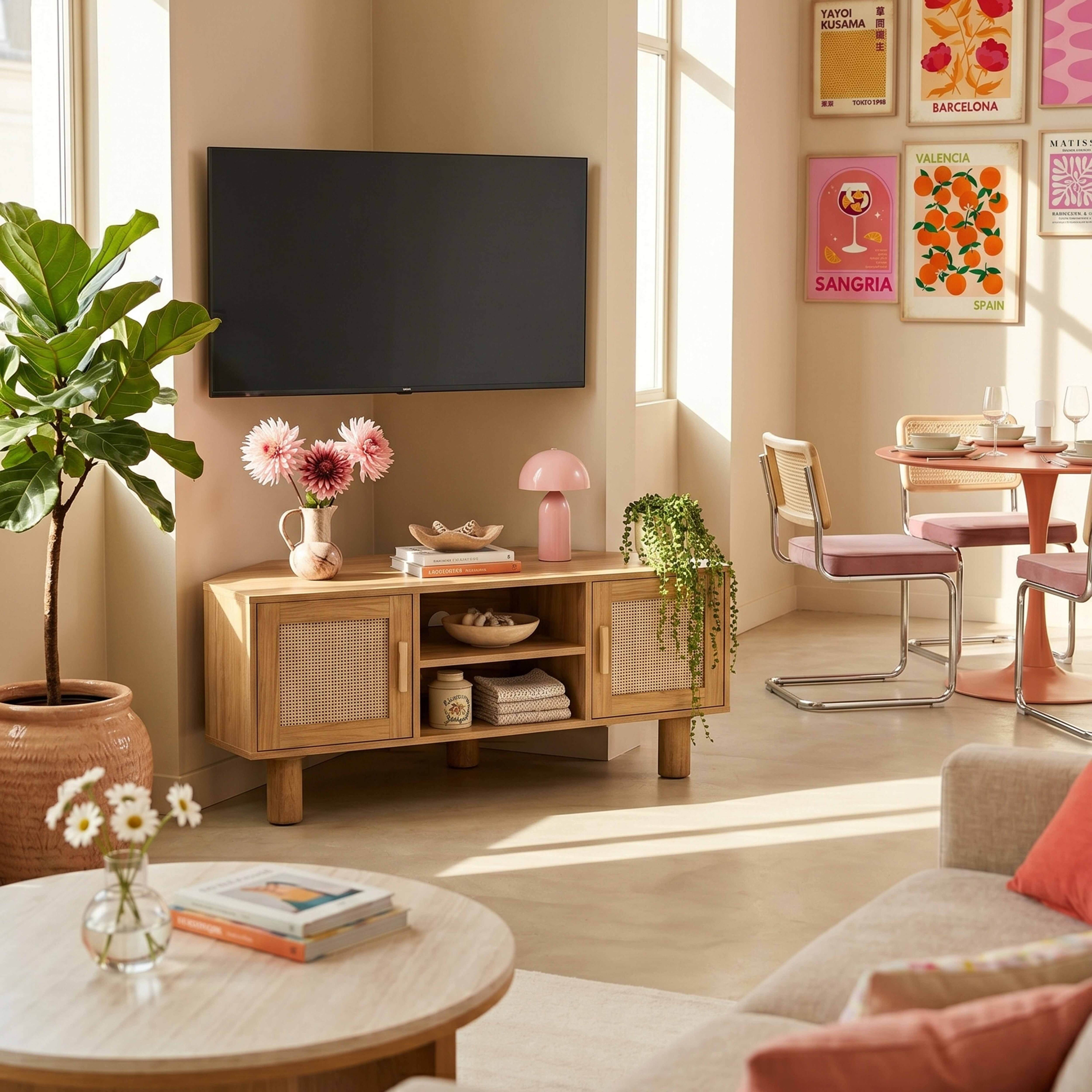 Ein Wohnzimmer mit Fernseher, Pflanzen, Möbeln und Kunst an der Wand.