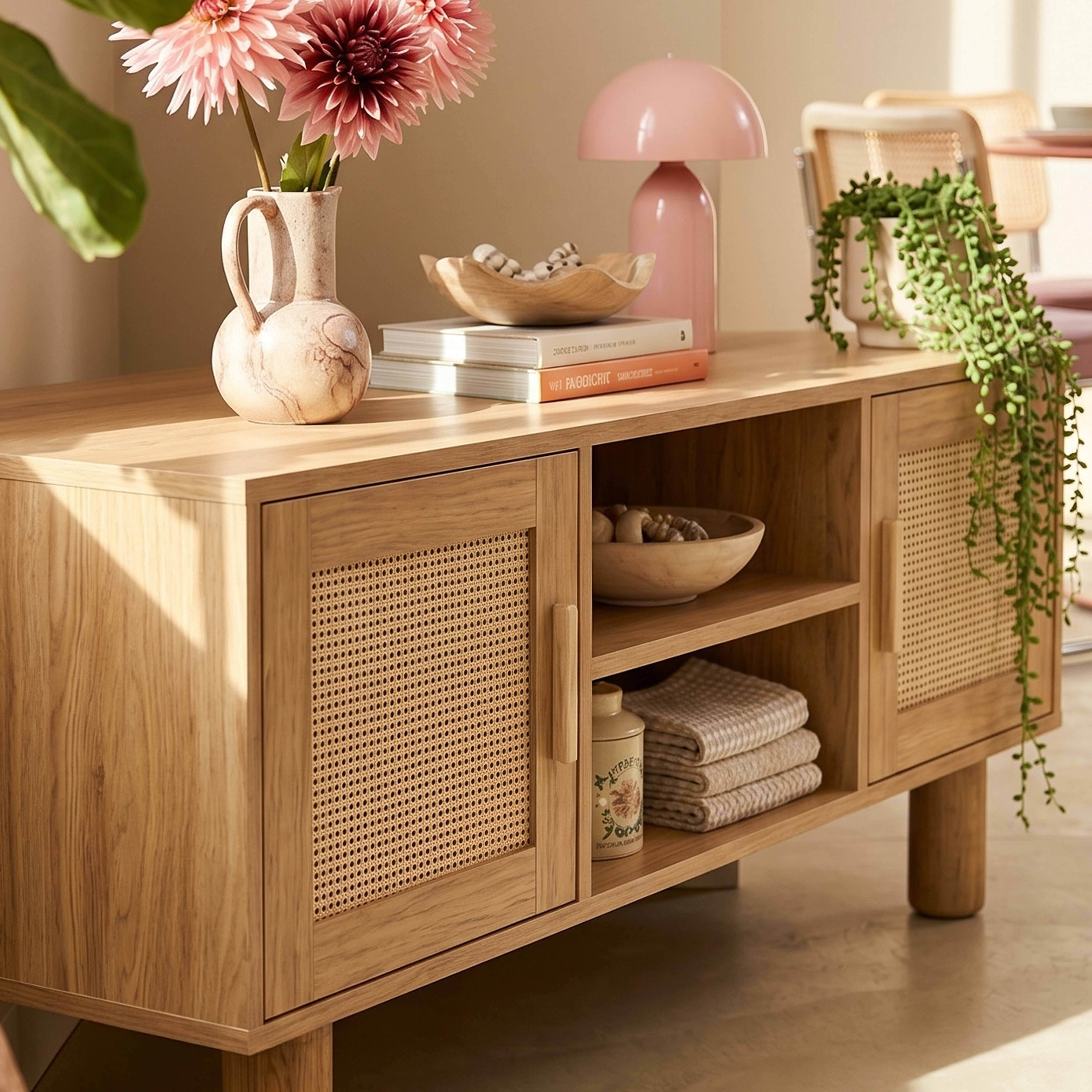 Ein Holzschrank mit Rattan-Türen, dekoriert mit Blumen, Büchern und einer Lampe.