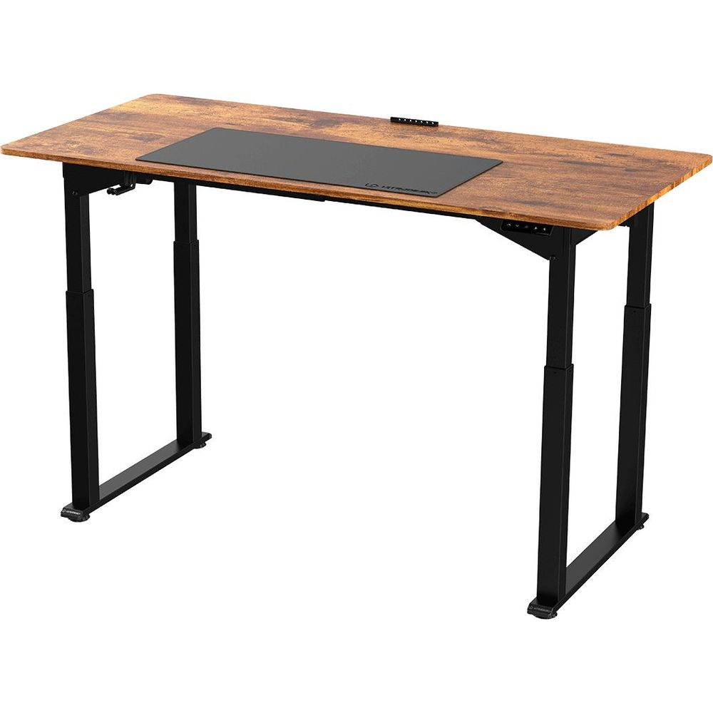 Ein höhenverstellbarer Schreibtisch mit Holzplatte und schwarzem Metallgestell.