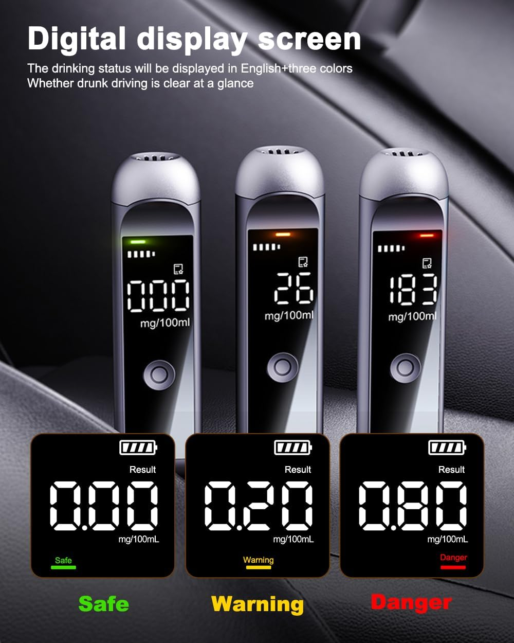 Drei digitale Atemalkoholtester zeigen 0,00 (sicher), 0,20 (Warnung) und 0,80 (Gefahr) mg/100ml an.