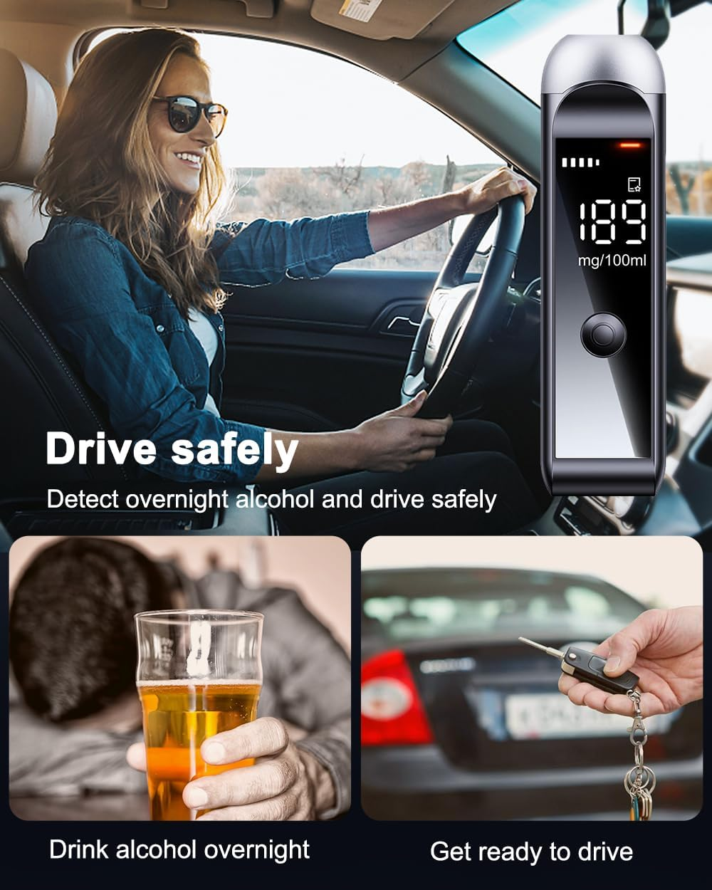 Frau fährt Auto, Alkoholtest zeigt 189 mg/100ml. Unten: Bierglas, Autoschlüssel.