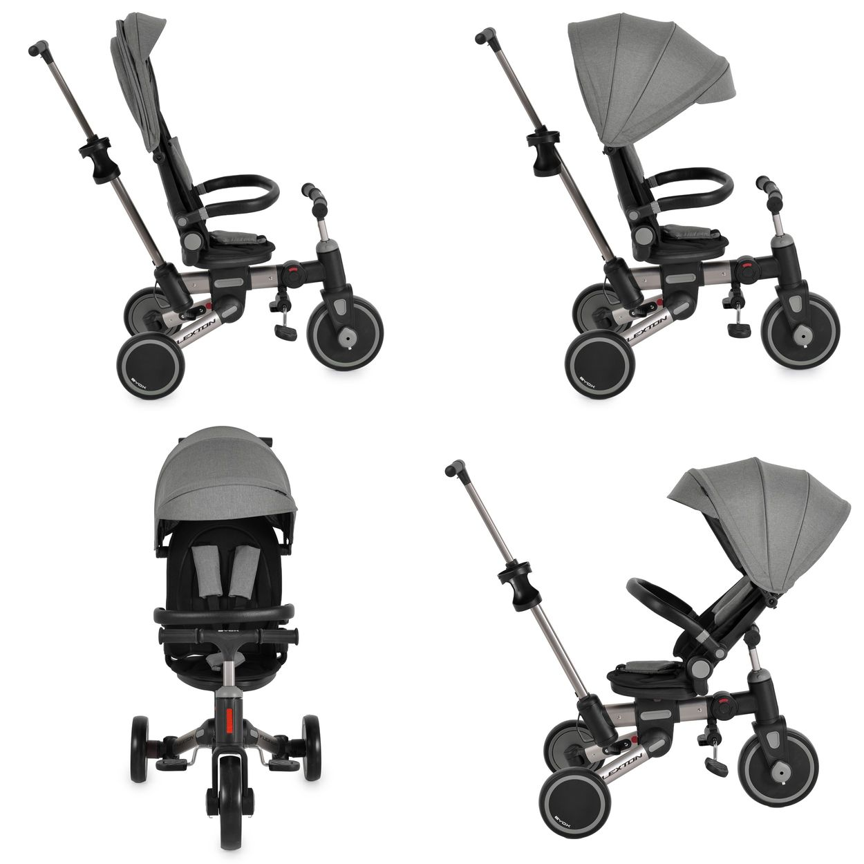 Grauer Kinderdreirad-Buggy mit Sonnendach und Griff.