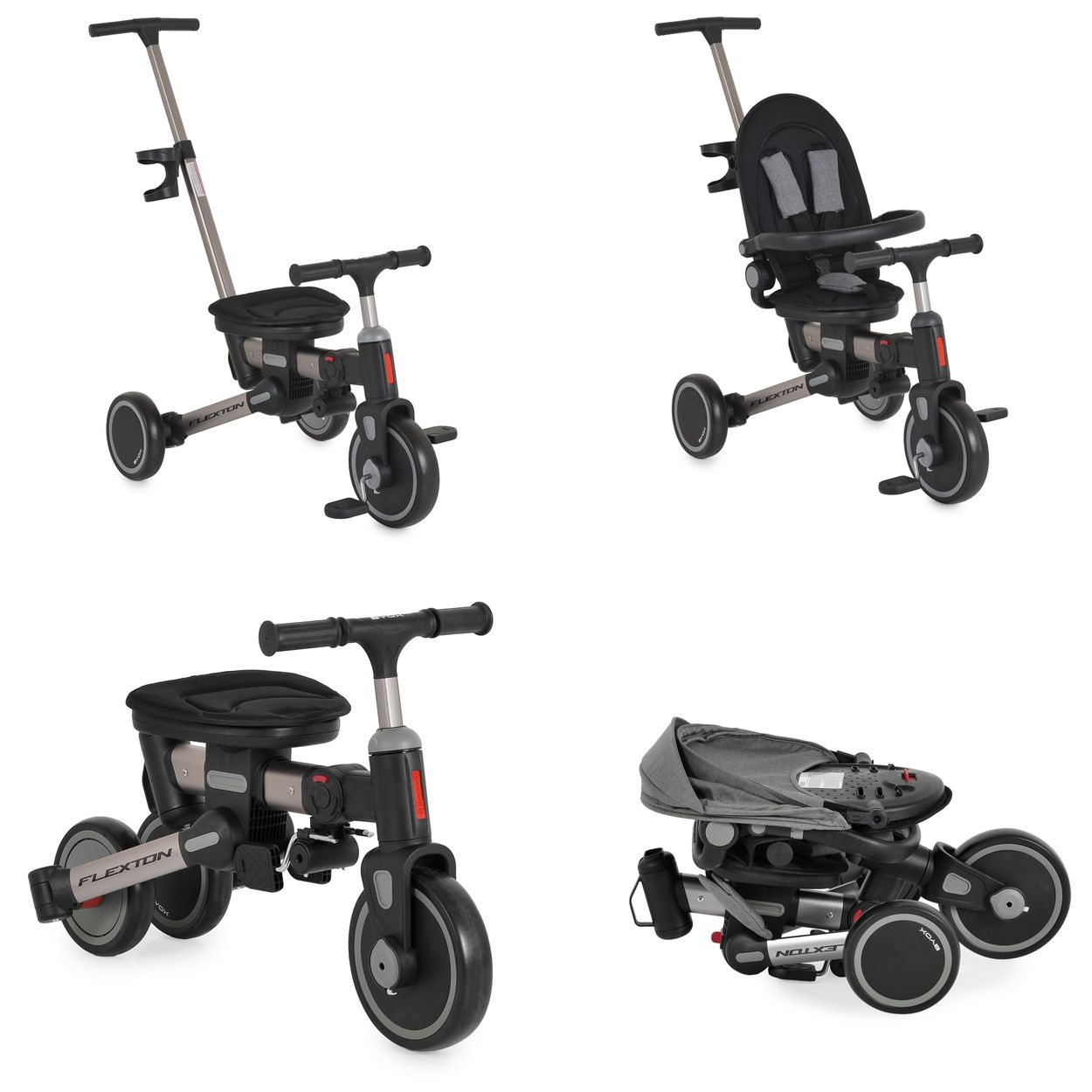 Ein zusammenklappbarer Dreirad-Kinderwagen in Grau und Schwarz mit Griff und Sitz.
