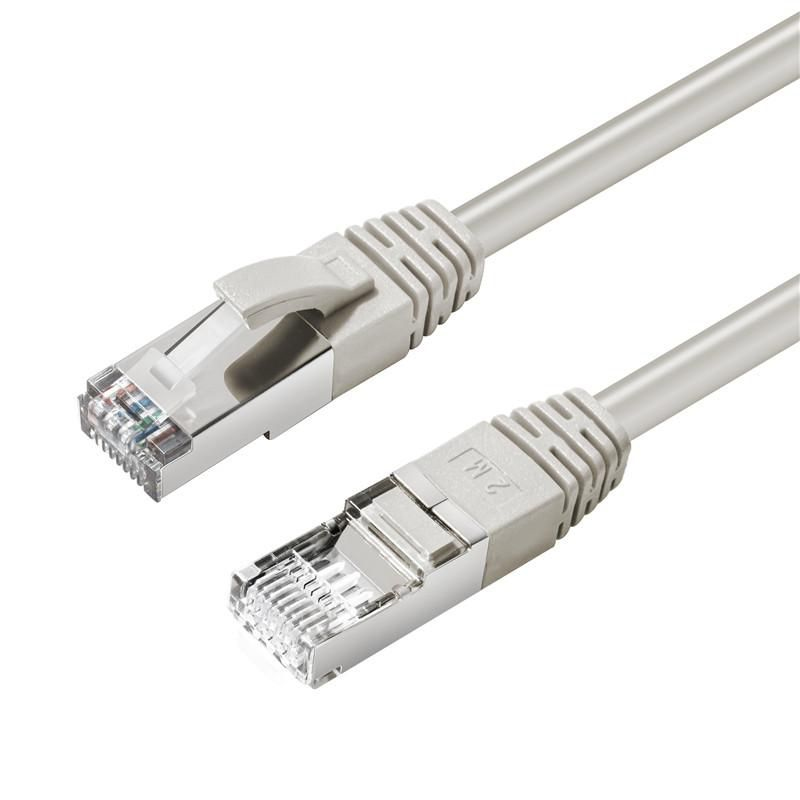 Due cavi Ethernet RJ45 argentati con cappucci grigi su sfondo bianco.