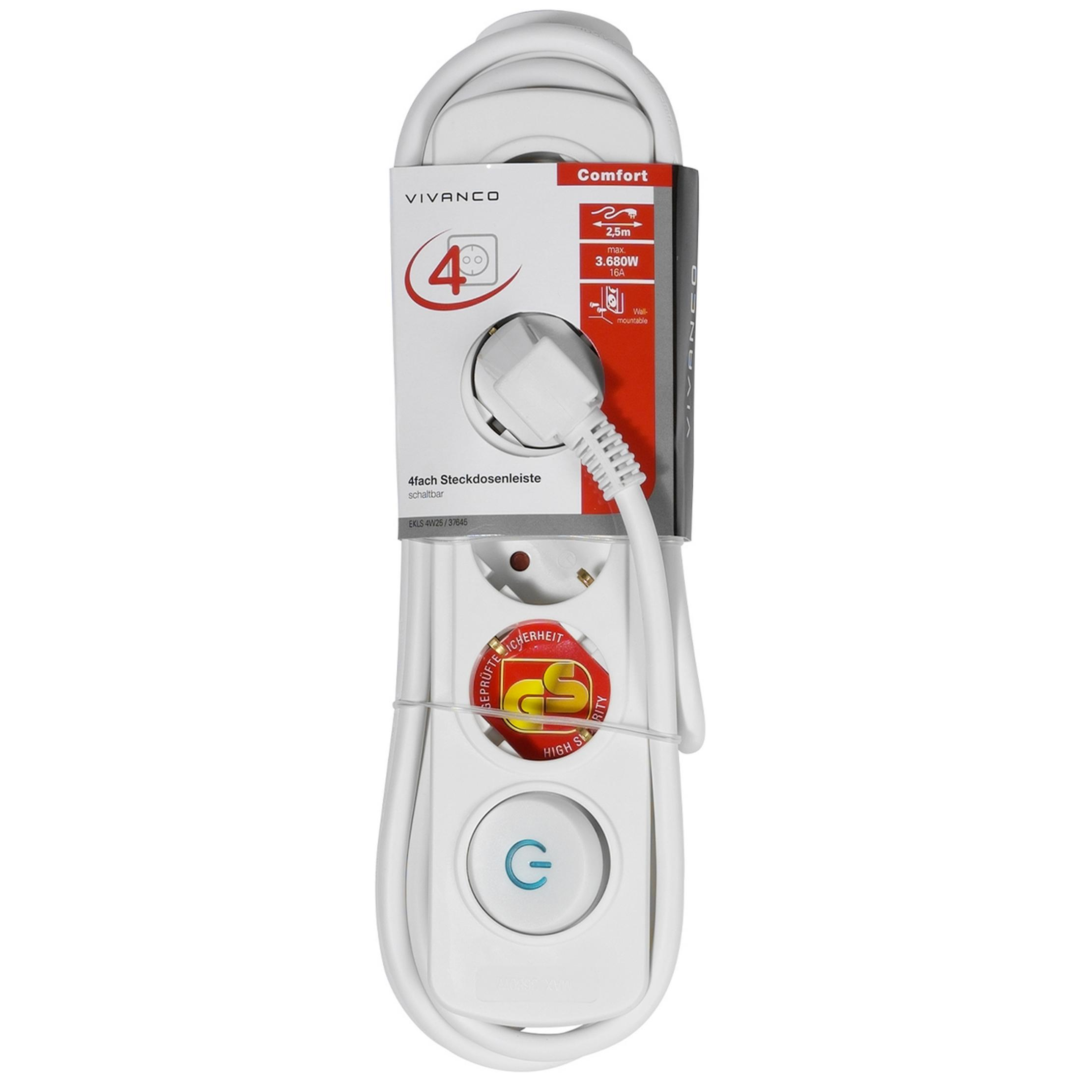 Una regleta blanca de 4 enchufes con interruptor, cable de 2,5m y sello GS.