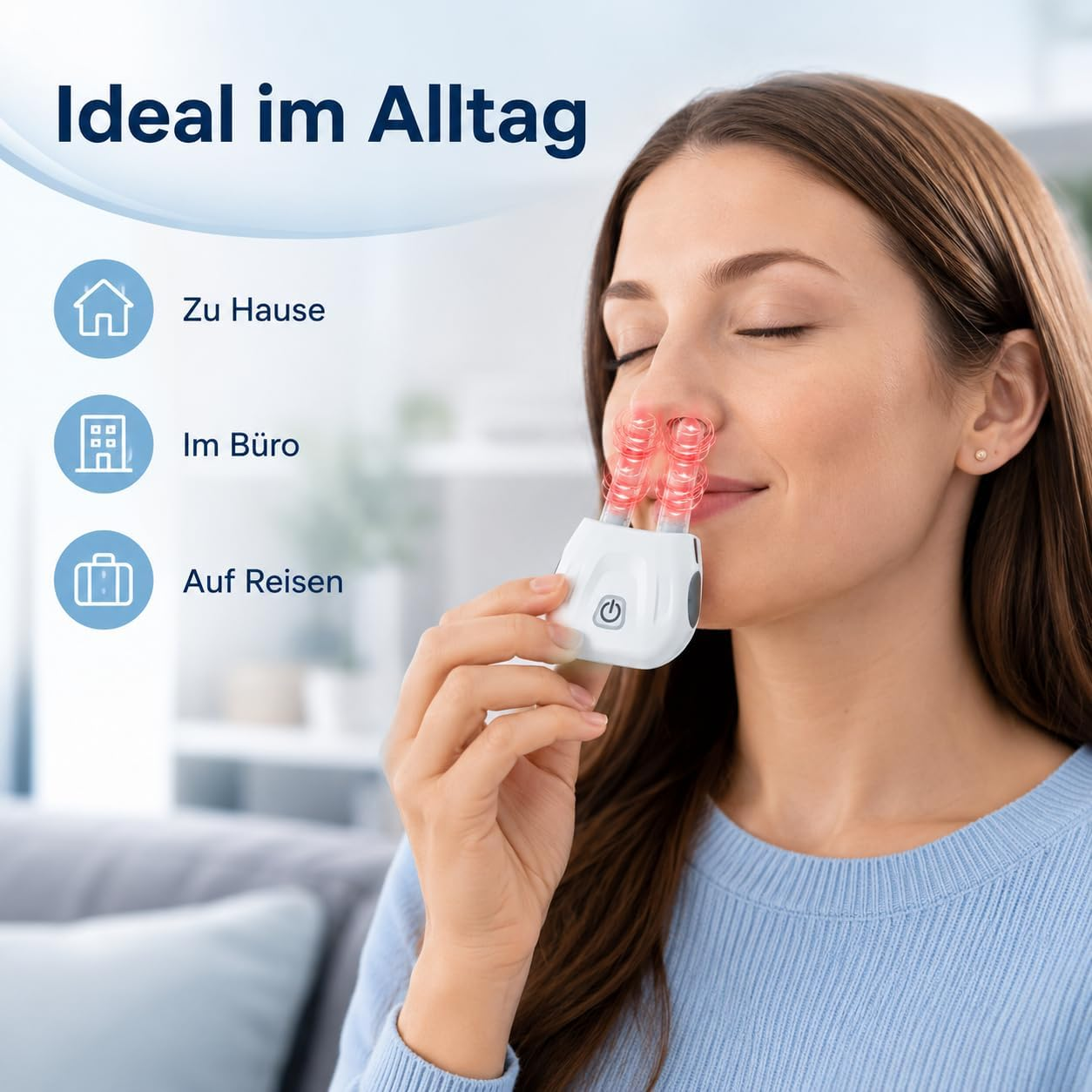 Frau mit Nasenaufsatz, ideal für Zuhause, Büro und Reisen.