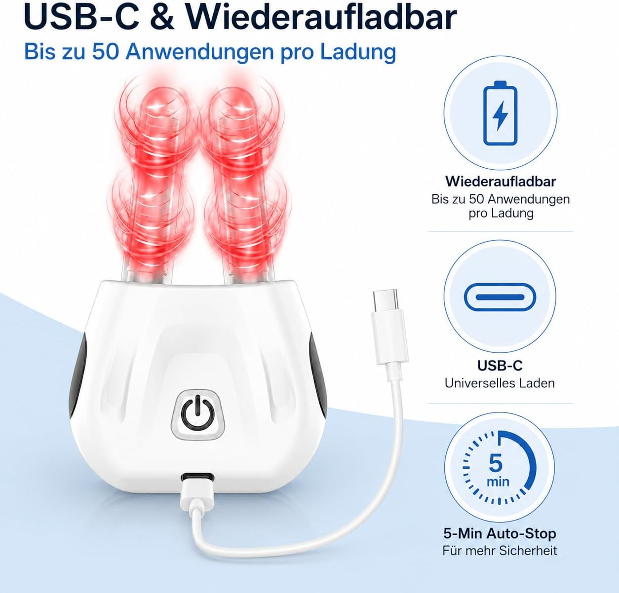Ein weißes Gerät mit vier rot leuchtenden Spitzen und einem USB-C Ladekabel.