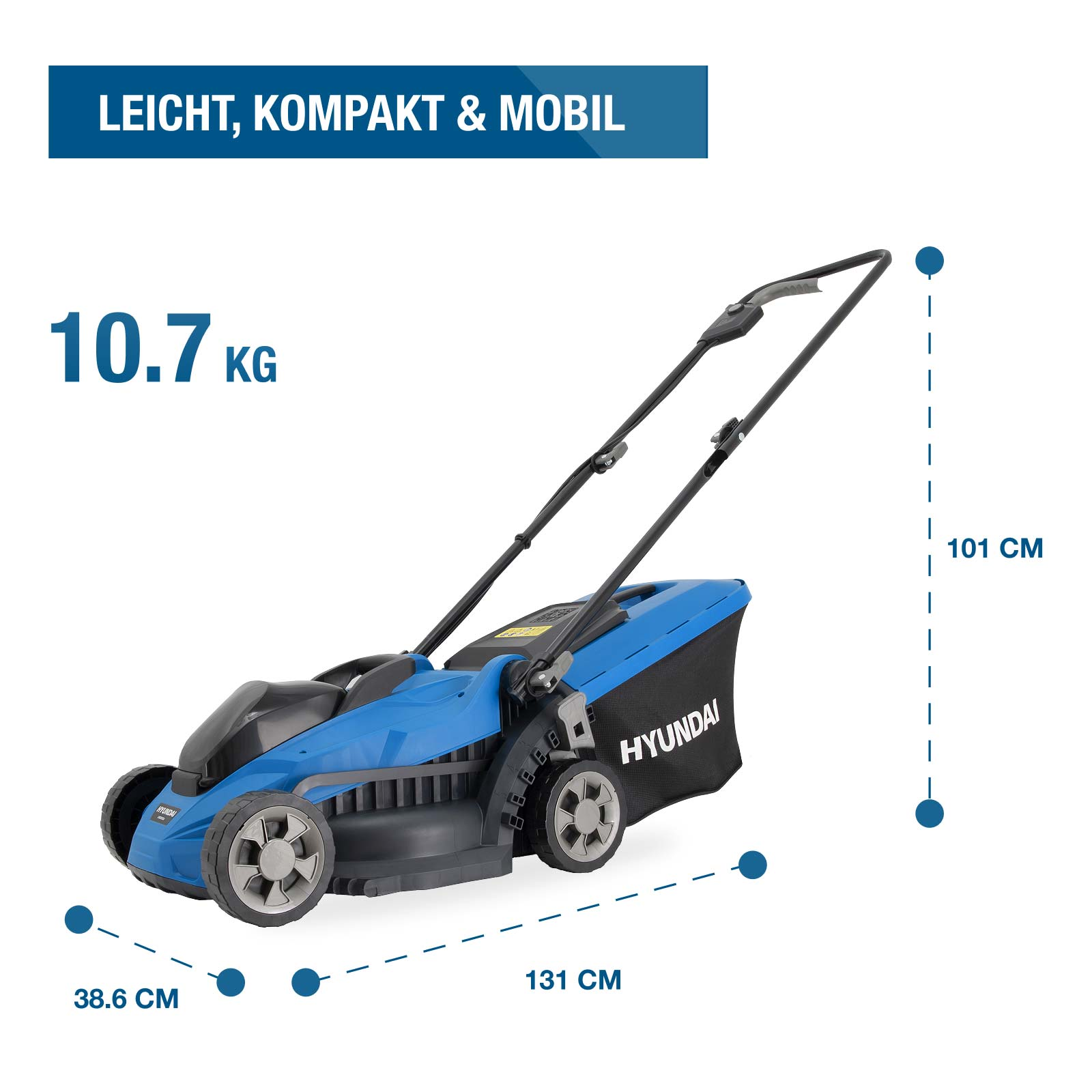 Ein blauer Hyundai Rasenmäher mit Fangkorb, 10,7 kg, 38,6cm breit.