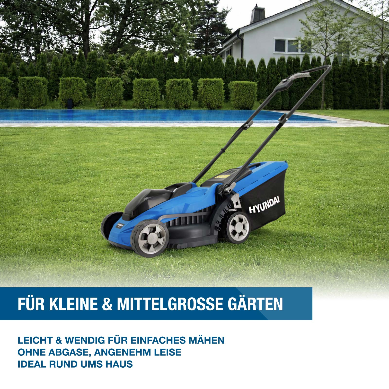 Ein blauer Hyundai Rasenmäher steht auf einem grünen Rasen, daneben ein Pool.