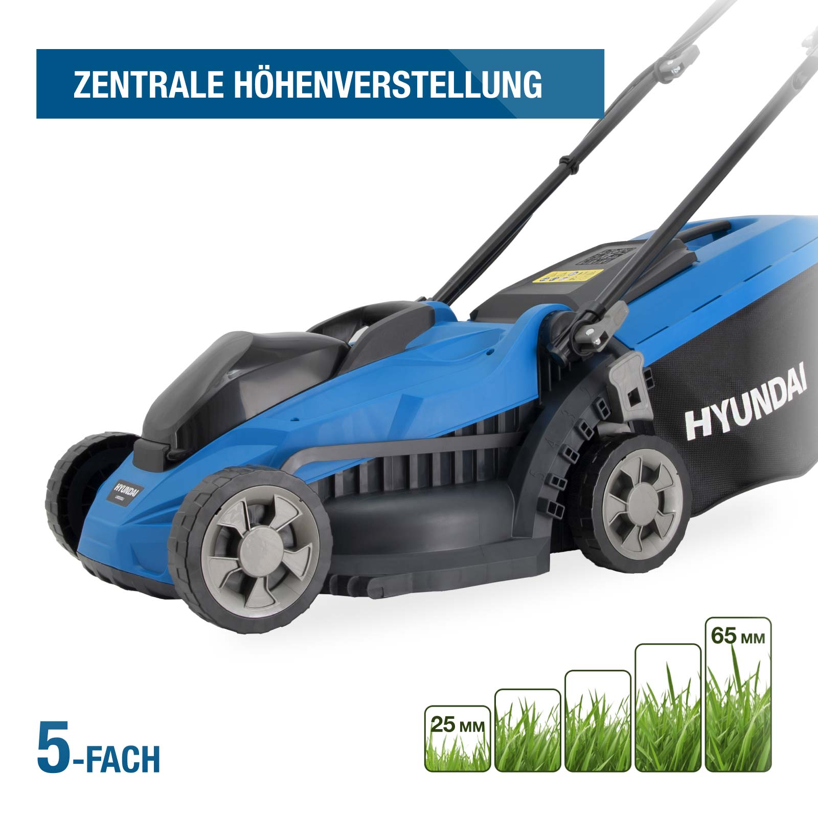Ein blauer und schwarzer Rasenmäher mit zentraler Höhenverstellung und Gras in verschiedenen Schnitthöhen.