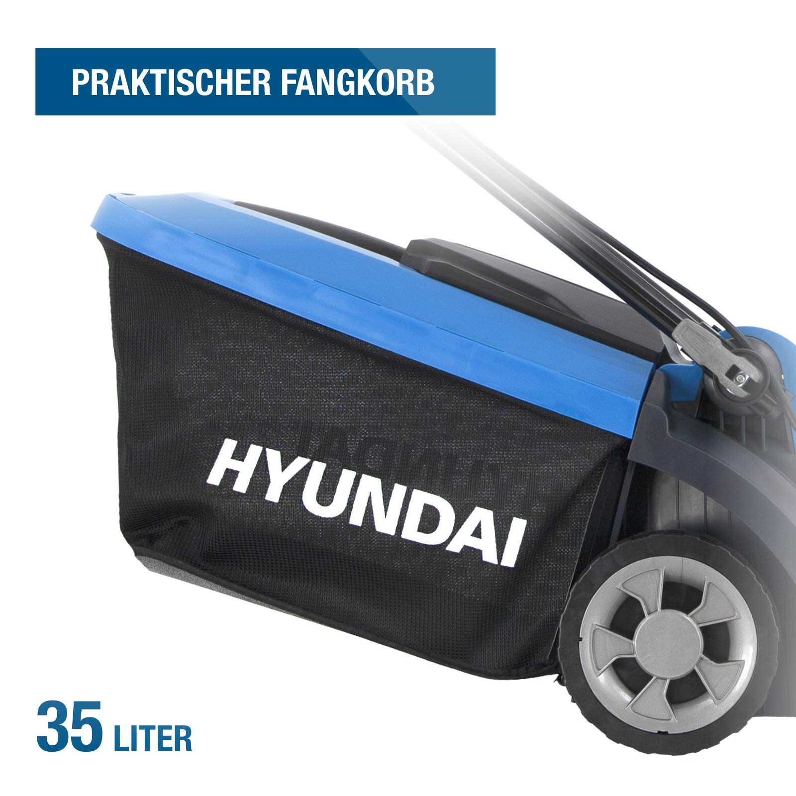 Ein blauer Rasenmäherfangkorb mit 35 Litern Fassungsvermögen und Hyundai-Logo.