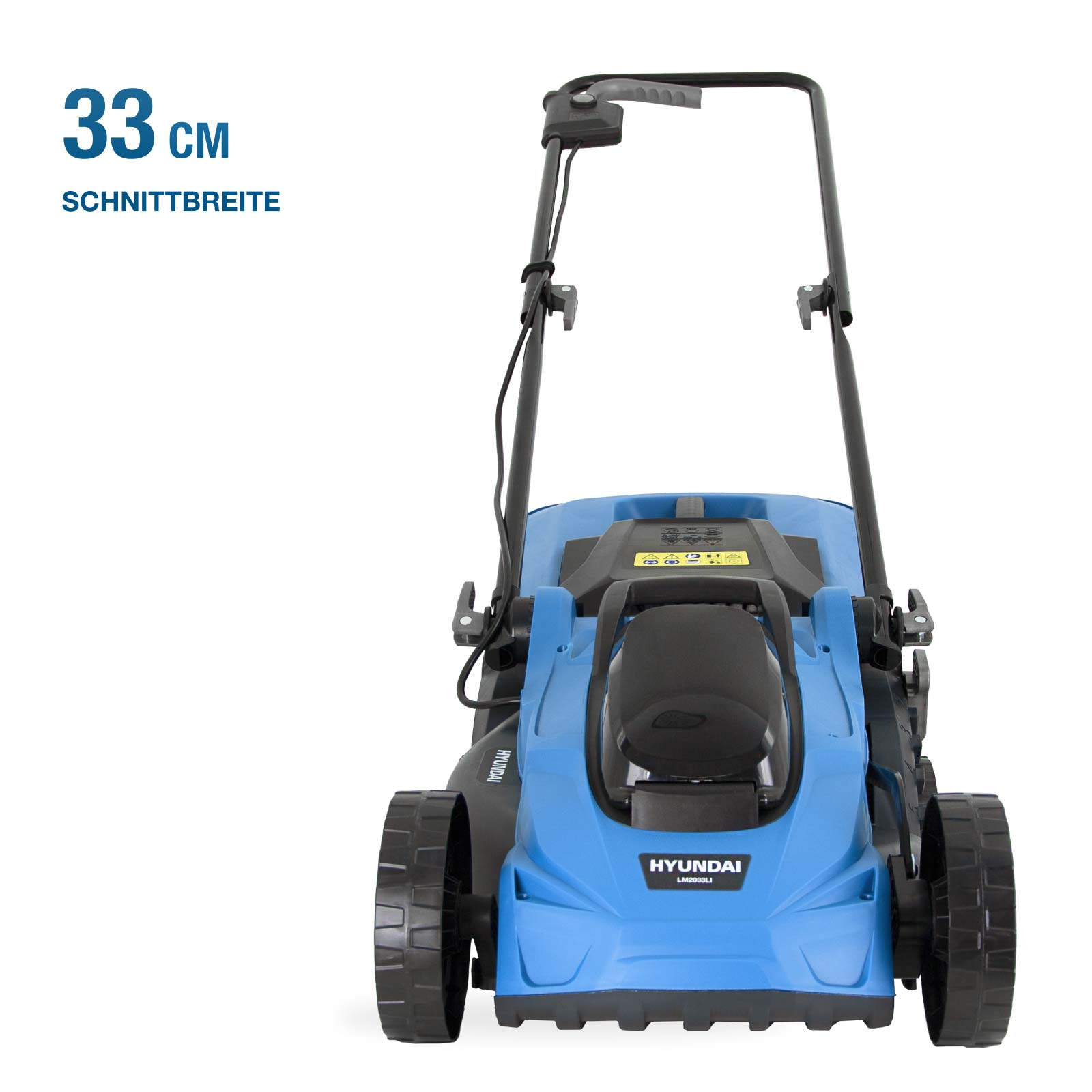 Blauer Hyundai Rasenmäher mit schwarzem Griff und Rädern, 33 cm Schnittbreite.