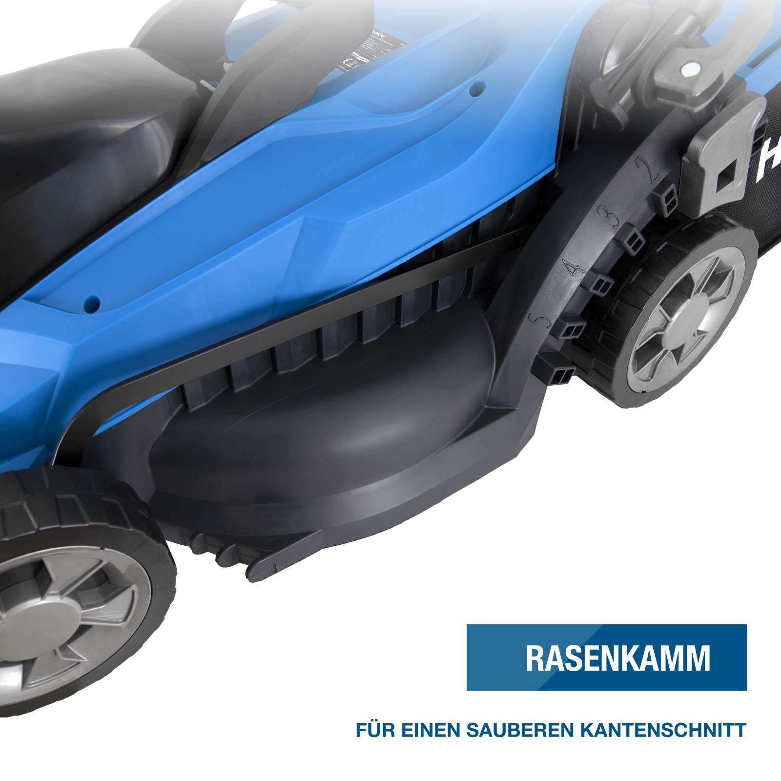 Blauer Rasenmäher mit schwarzen Rädern und Schnitthöhenverstellung.