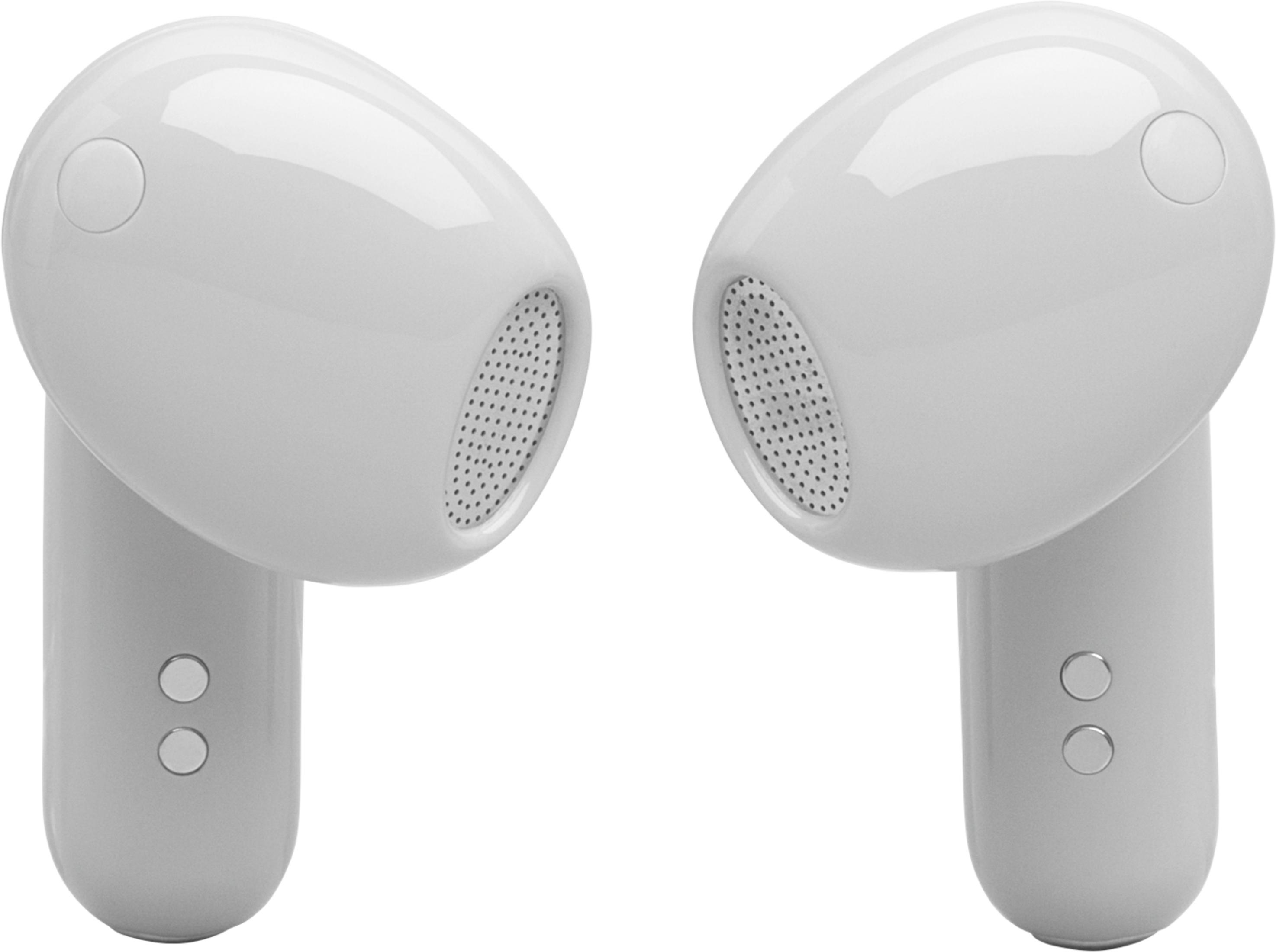 Due auricolari bianchi wireless con griglie altoparlanti forate e pulsanti.