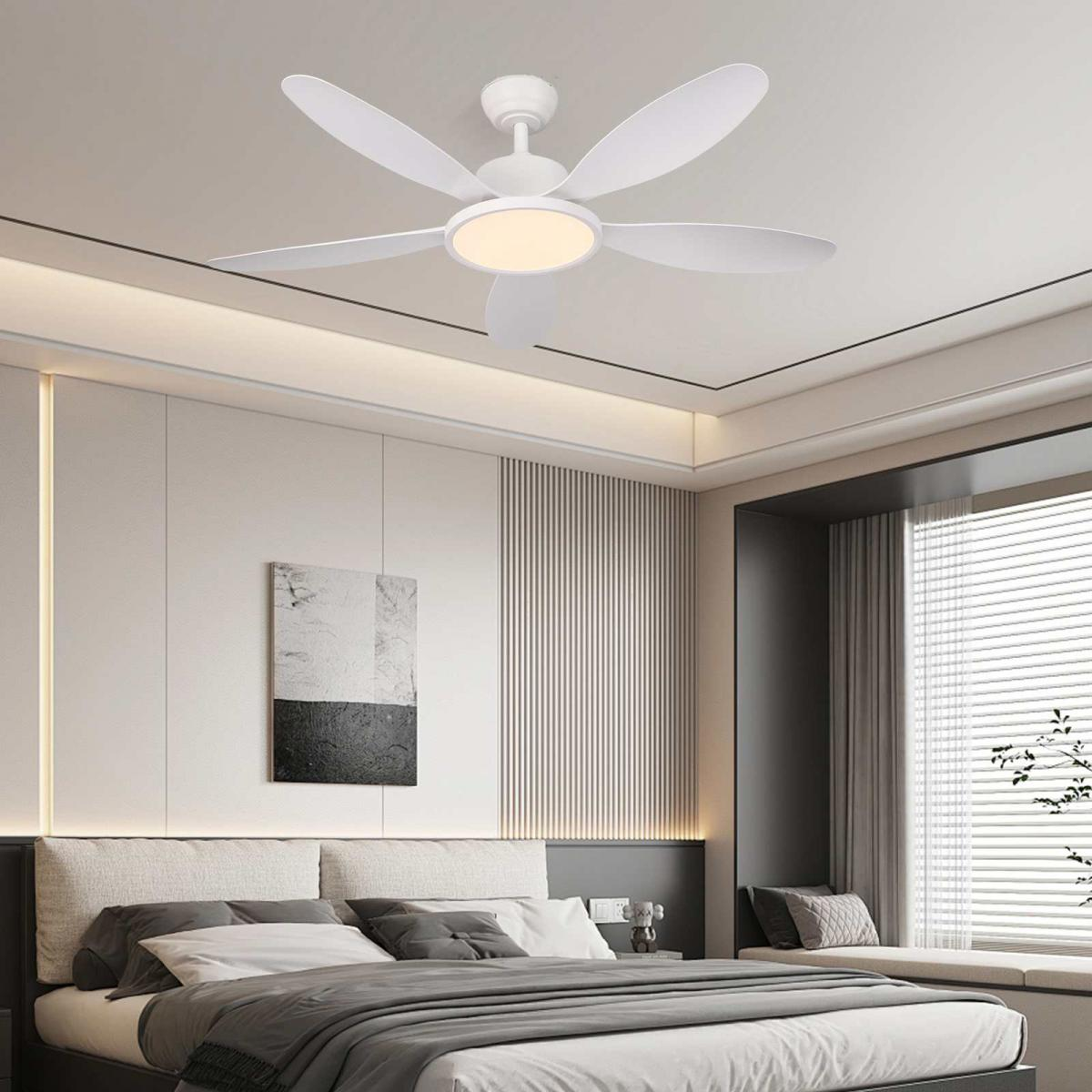 Ein weißer Deckenventilator mit Licht über einem Bett mit grauer Bettwäsche.
