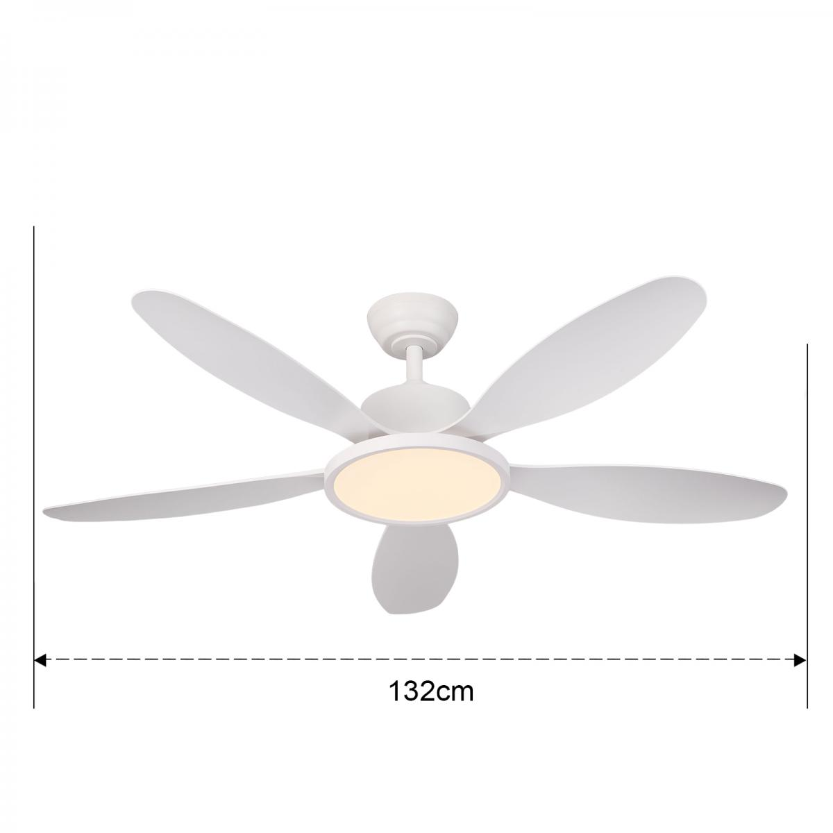 Ein weier Deckenventilator mit fünf schwingenden Blättern und integriertem Licht.