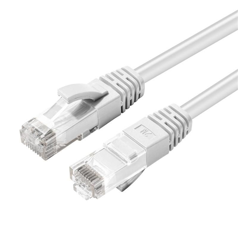 Primo piano di due cavi Ethernet bianchi con connettori RJ45 trasparenti su sfondo bianco.