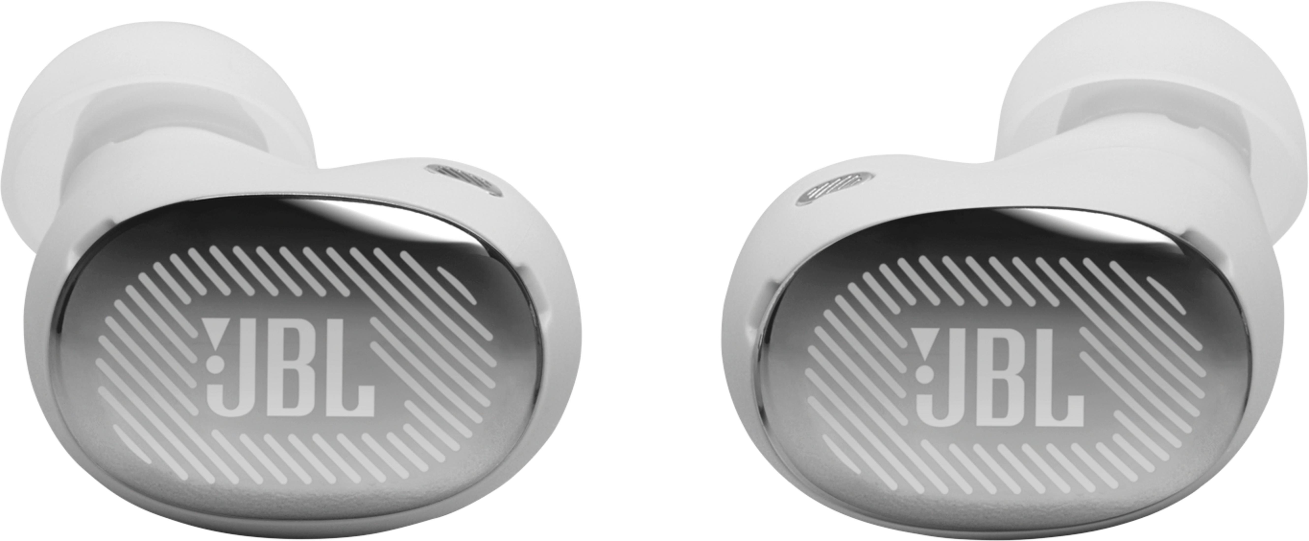 Due auricolari JBL bianchi con accento argentato e logo su sfondo bianco.