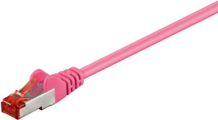Un cavo di rete rosa con connettore RJ45, isolato su sfondo bianco.