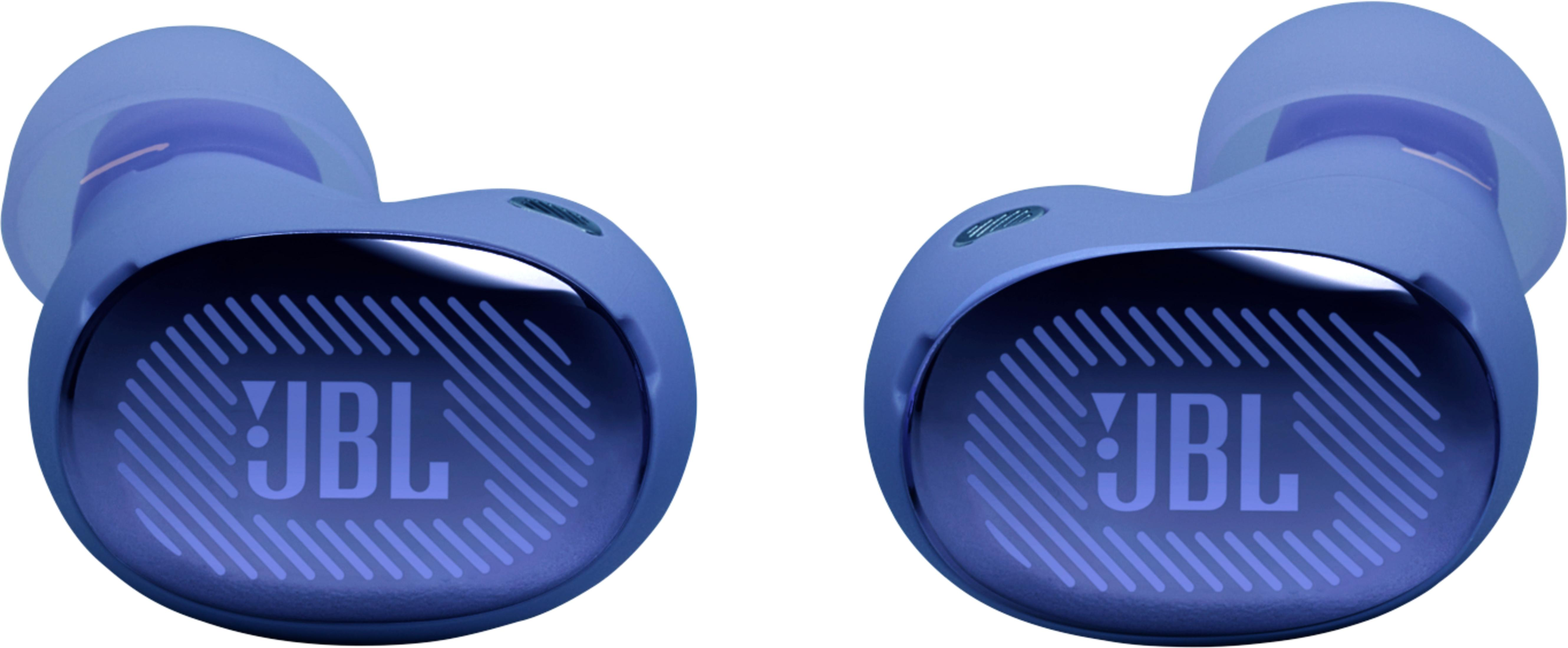 Due auricolari JBL blu con logo JBL e motivo a strisce.