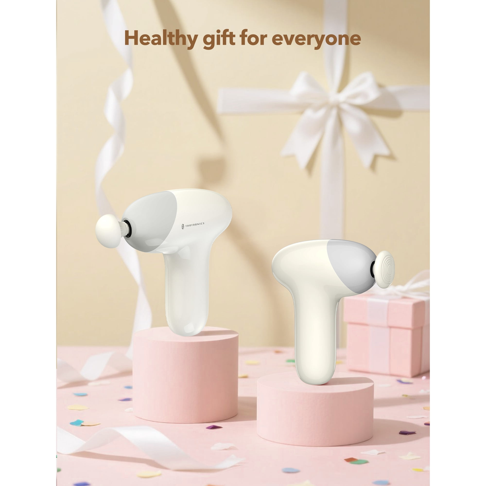 Zwei weiße Massagegeräte auf rosa Podesten, Geschenke und Konfetti im Hintergrund.
