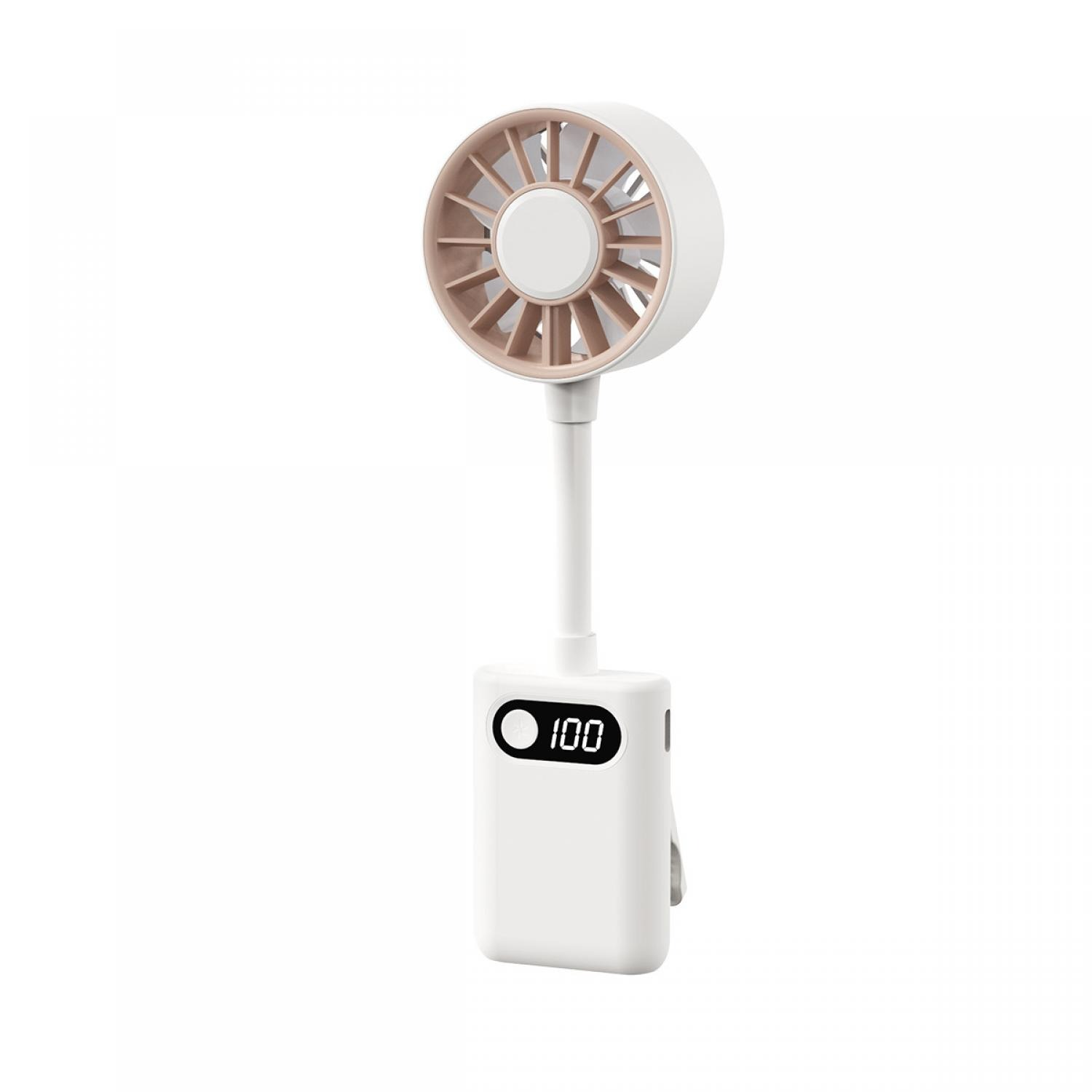 Ein weißer tragbarer Ventilator mit Digitalanzeige, die '100' zeigt.