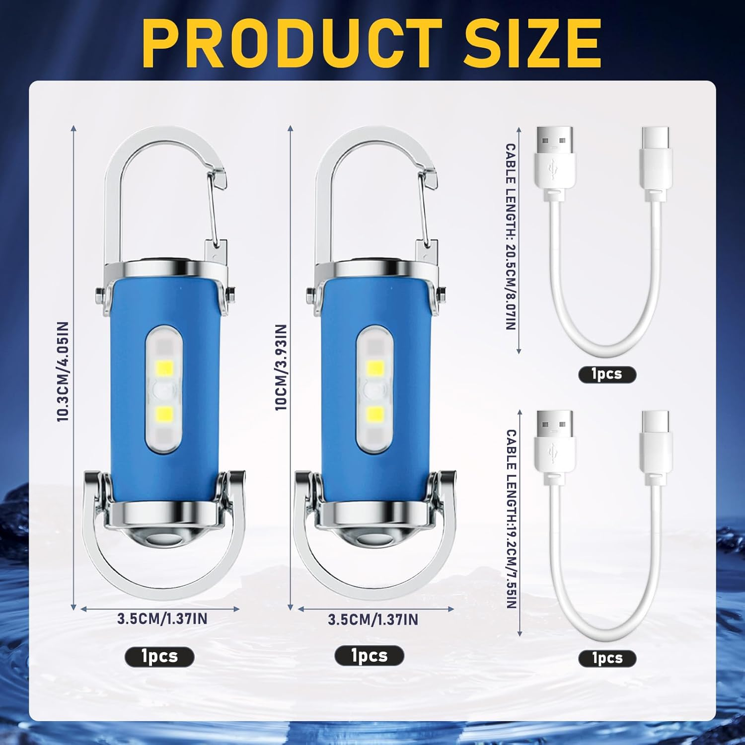 Zwei blaue Lichter mit Karabinerhaken, Maße und Ladekabel daneben.