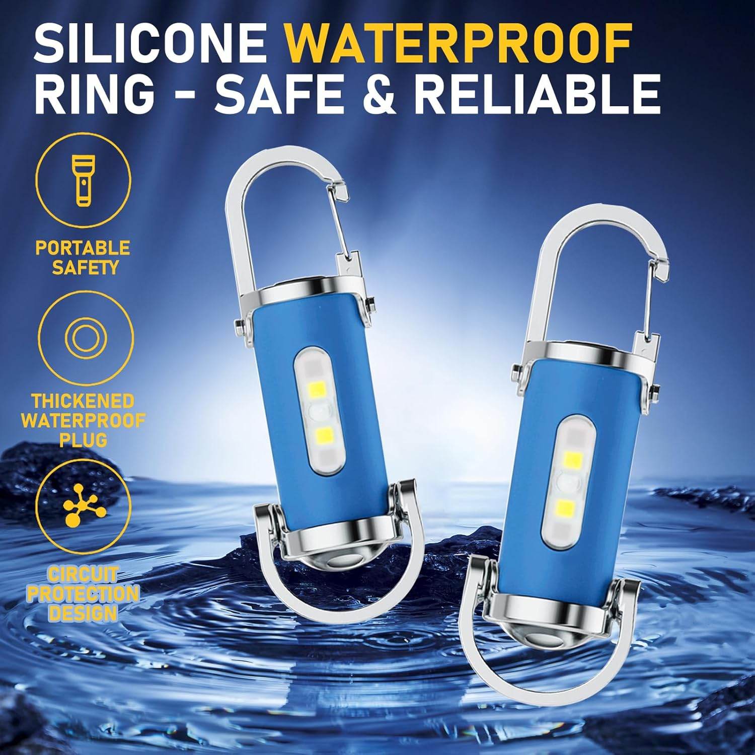 Zwei blaue wasserdichte Silikonringe mit Karabinerclips über plätscherndem Wasser.