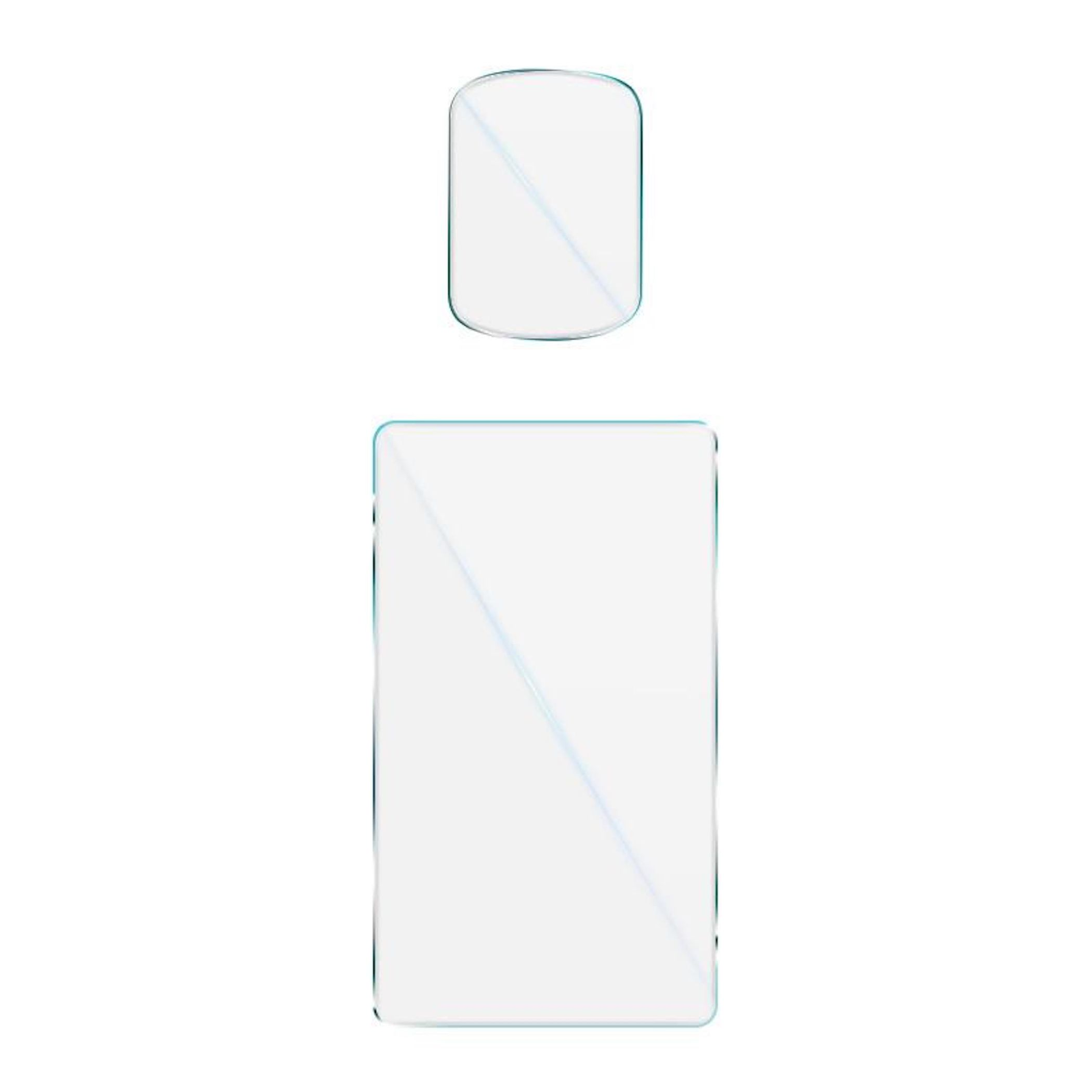 Zwei leere, transparente Displayschutzfolien auf weißem Hintergrund.