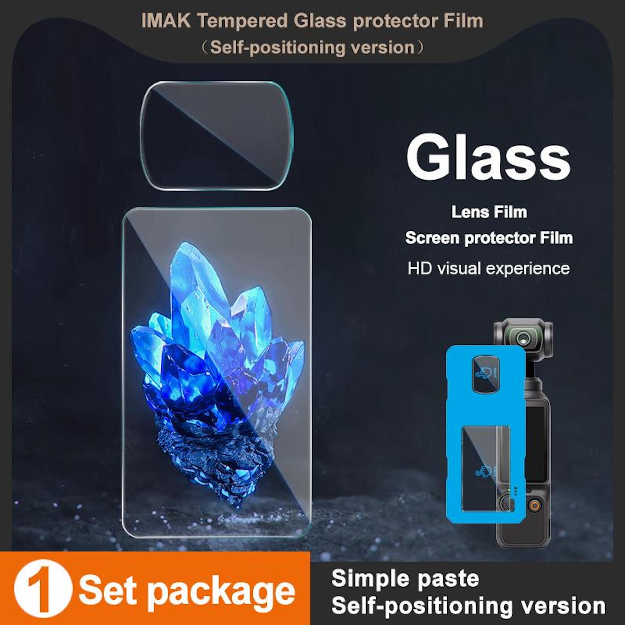 IMAK Glasschutzfolie, Objektivfolie und Kamerahalterung. Blaue Kristalle gezeigt.