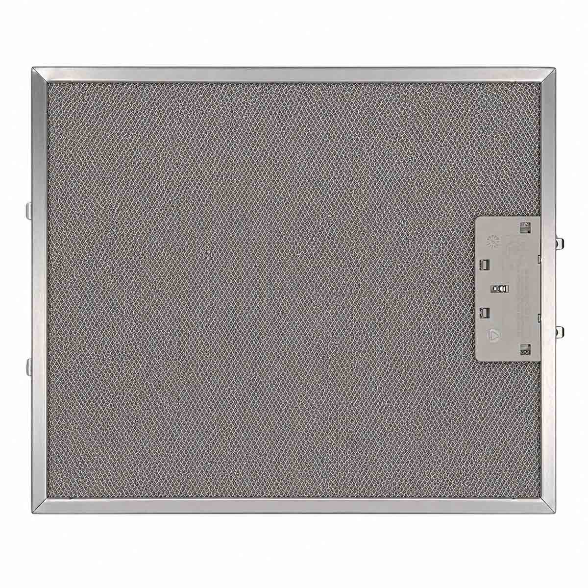 Ein rechteckiger Metallfilter mit einem silbernen Rahmen und einem Gittermuster.